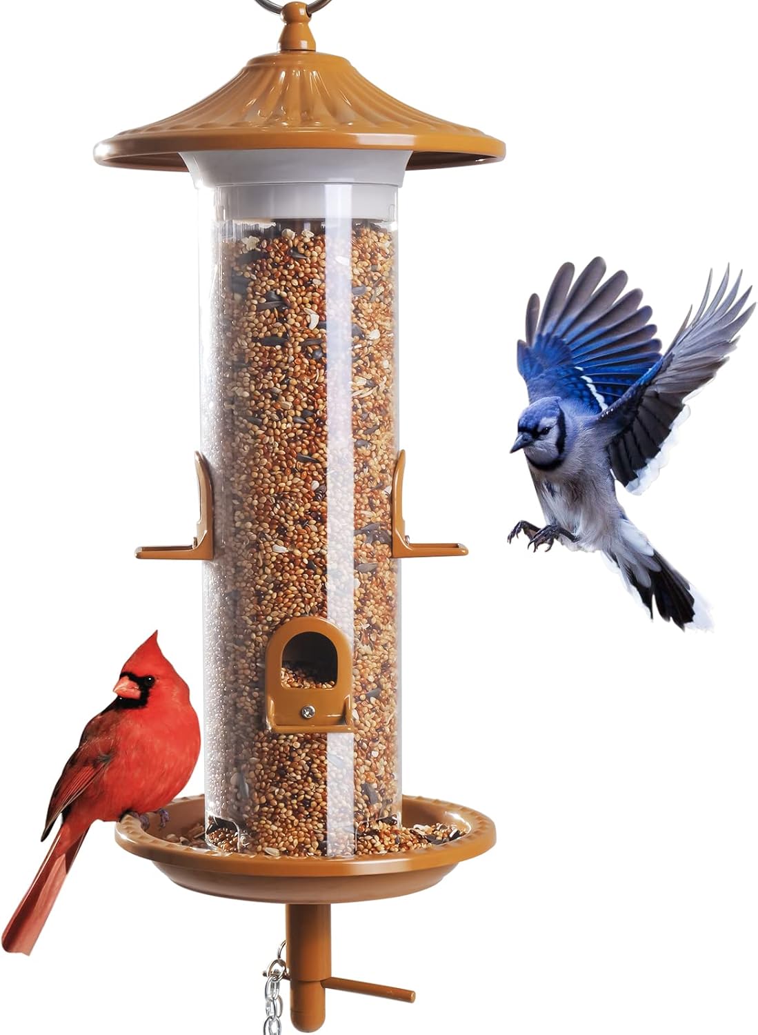 Vivace Hanging Bird Feeders, Easy to Fill 12" Tube Metal Bird Feeder for Outdoors, 4 Ports, with S Hook