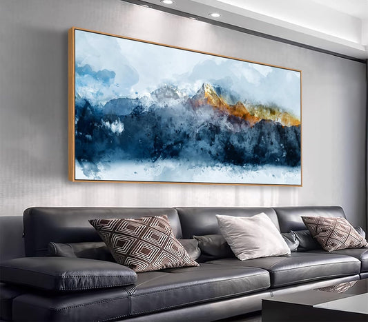 Framed Canvas Wall Art Indigo Abstract Mountain Pictures Wall Decor Blue Grey Orange Mountain Peaks Canvas Painting Prints Modern Abstract Artwork for Living Room Bedroom Decoration 24" x 48"