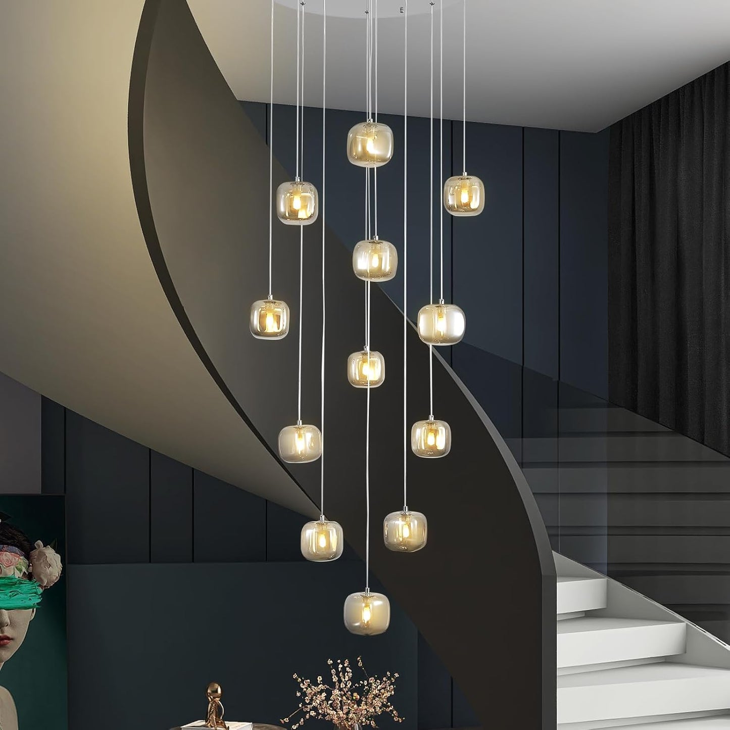 Flush Mount Chandelier,Crystal Pendant Light with 12 G9 LED Bulbs,Chandelier Hanging Flush Mount Lighting Fixtures for Spiral Staircase,Foyer,Entryway,Living Room(12 Lights,3000K)