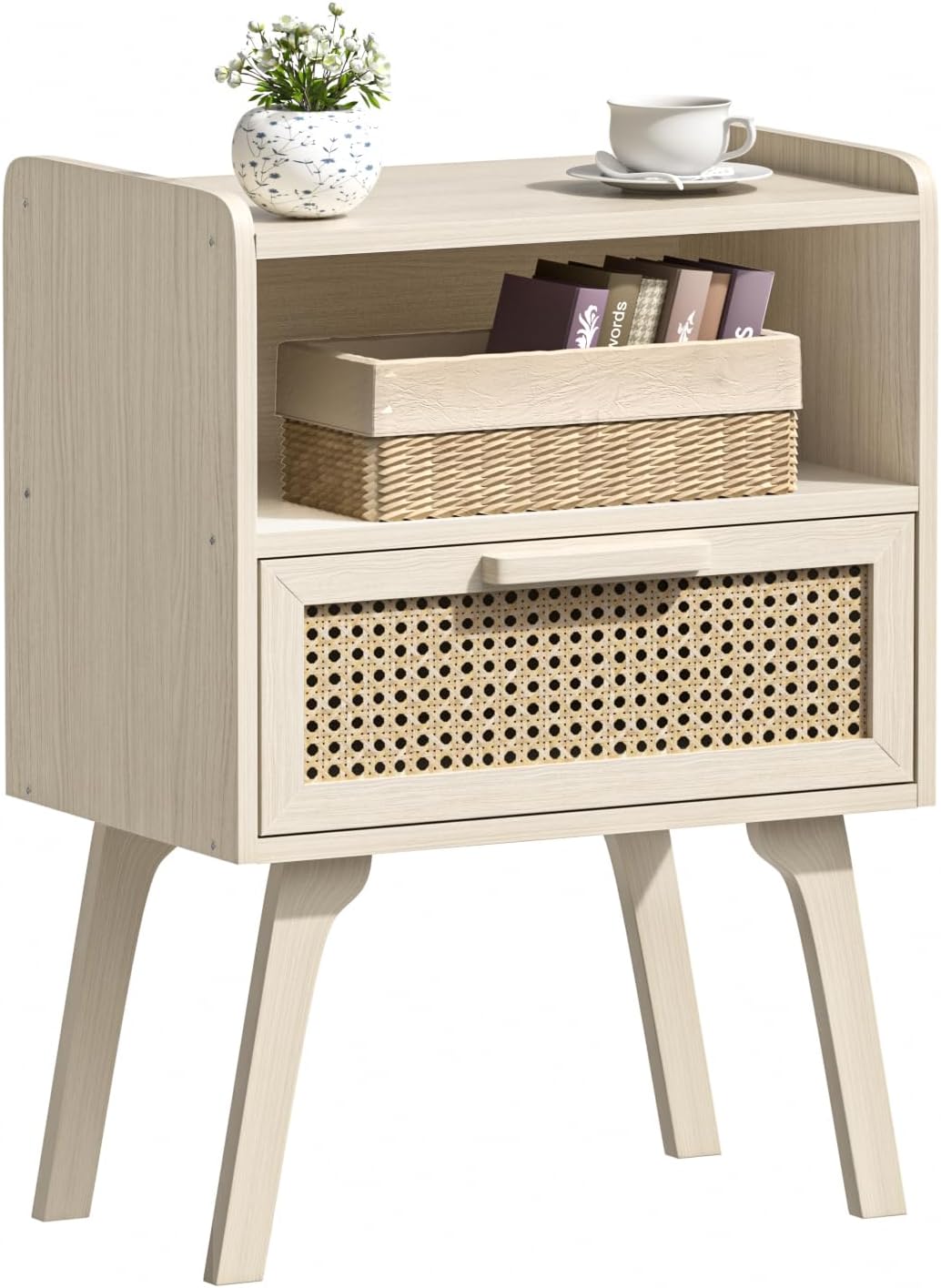 Lerliuo Rattan Nightstand, Side Table with Drawer Open Shelf, Cane Accent Bedside End Table with Solid Wood Legs, Mid Century Modern Night Stand for Bedroom, Dorm and Small Spaces (Grey White)