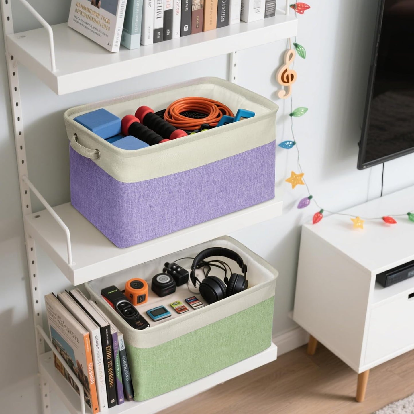 BALEINE 2 Pack Fabric Storage Bins for Shelves, Linen Storage Baskets for Organizing, Decorative Closet Bins for Clothes, Home (Lavender, 15''x11''x9.5'')