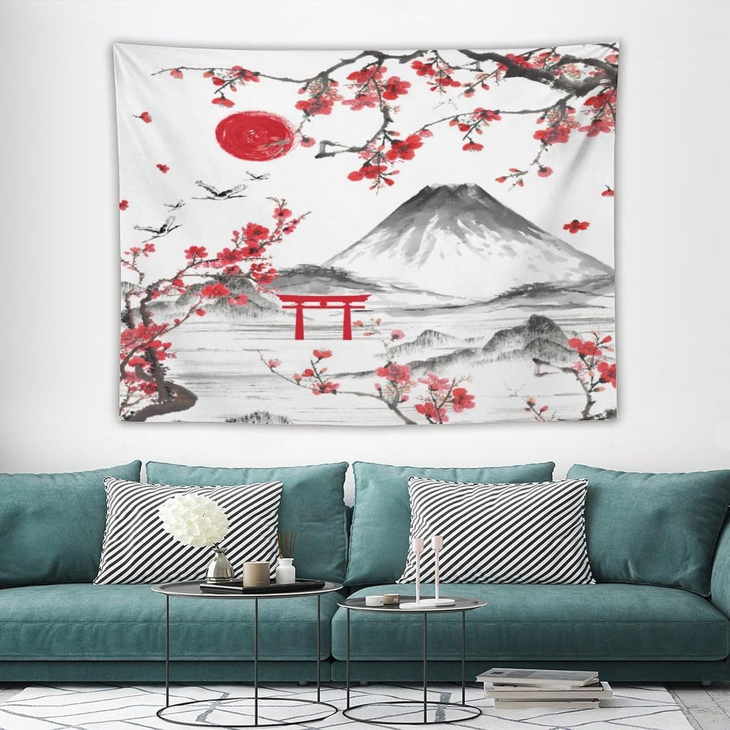 Red Cherry Blossoms Tapestry, Japanese Fuji Mountain Tapestry, Asian Japanese Wall Tapestry, Nature Landscape Tapestries for Bedroom Living Room Decor 80"x60"