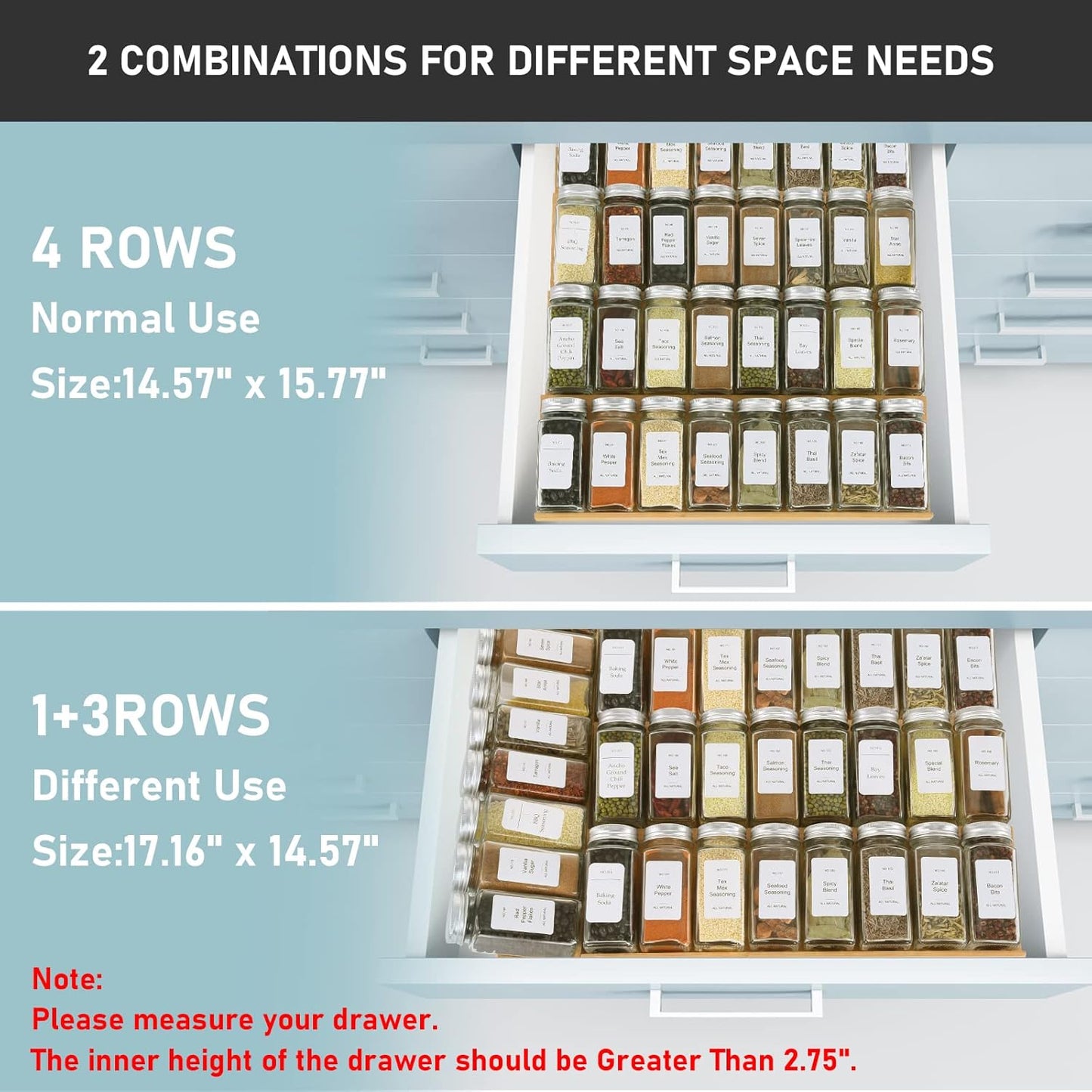 Spice Drawer Organizer with 28 Spice Jars,216 Labels,25 Non-slip Rubber, Bamboo 4 Tier Seasoning Rack Tray Insert for Kitchen Drawers,Cabinets,Countertop,14.6" Wide x 15.8" Deep