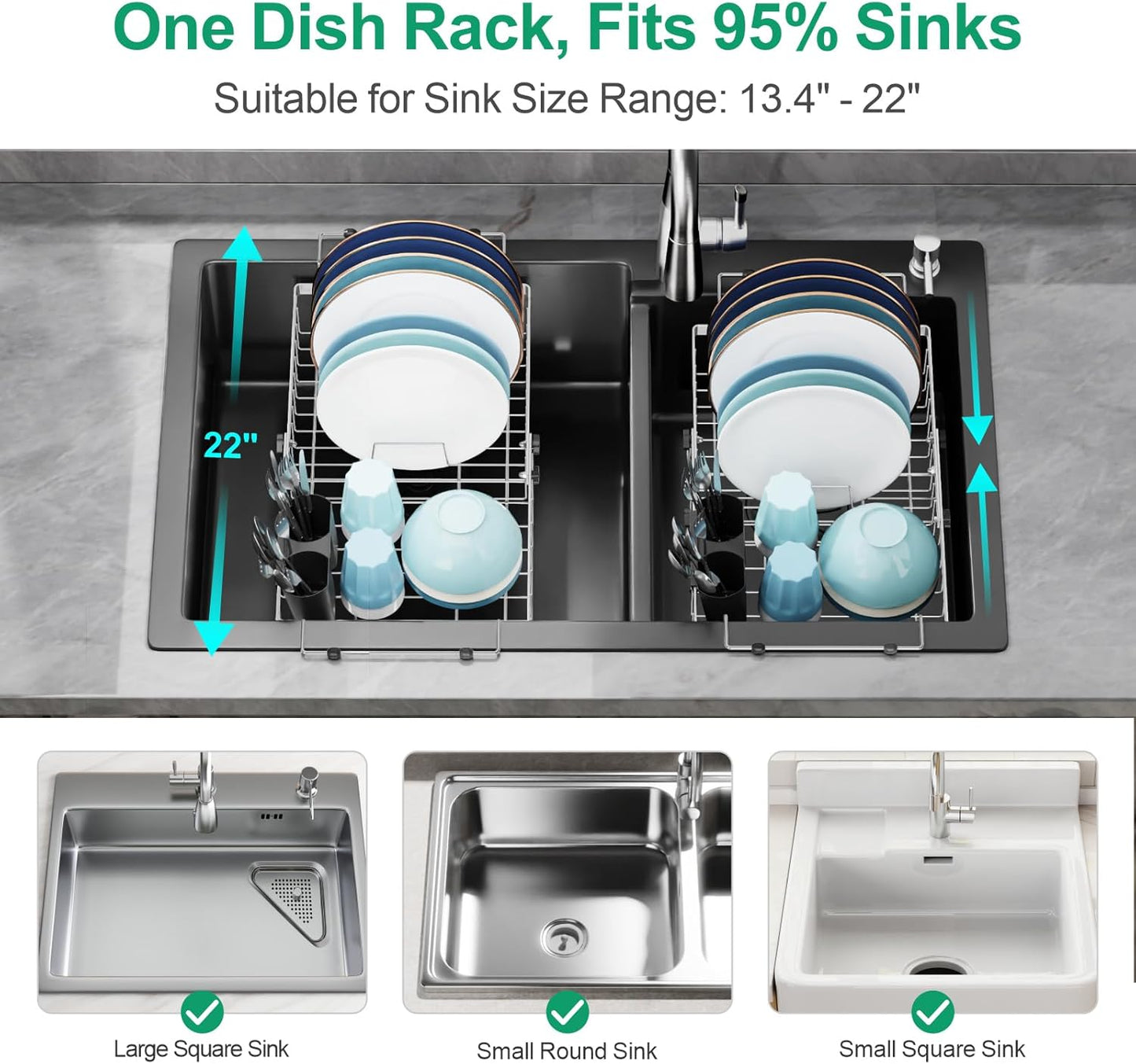 GSlife in Sink Dish Drying Rack - Capacity Expandable Stainless Steel Over Sink Dish Drainer Drying Rack (13.4''-20.4'') with Silicone Mat for Kitchen Counter Large Capacity, Black