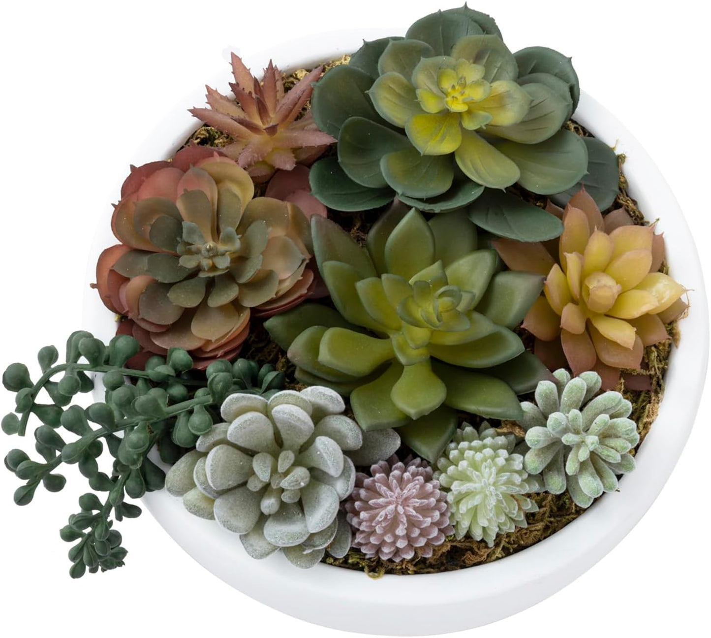 MyGift 8 Inch Round Modern Artificial Succulent Arrangement Potted in White Concrete Plant Bowl, Assorted Faux Mini Succulents in a Decorative Planter Pot