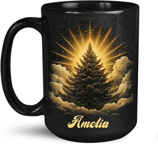 Spiritual Nature Themed Ceramic Cup, Custom Name Coffee Mug 11oz or 15oz, Personalized Pine Tree Black Cup for Christmas, Custom Winter Season Coffee Mug, Gifts for Friends, Family