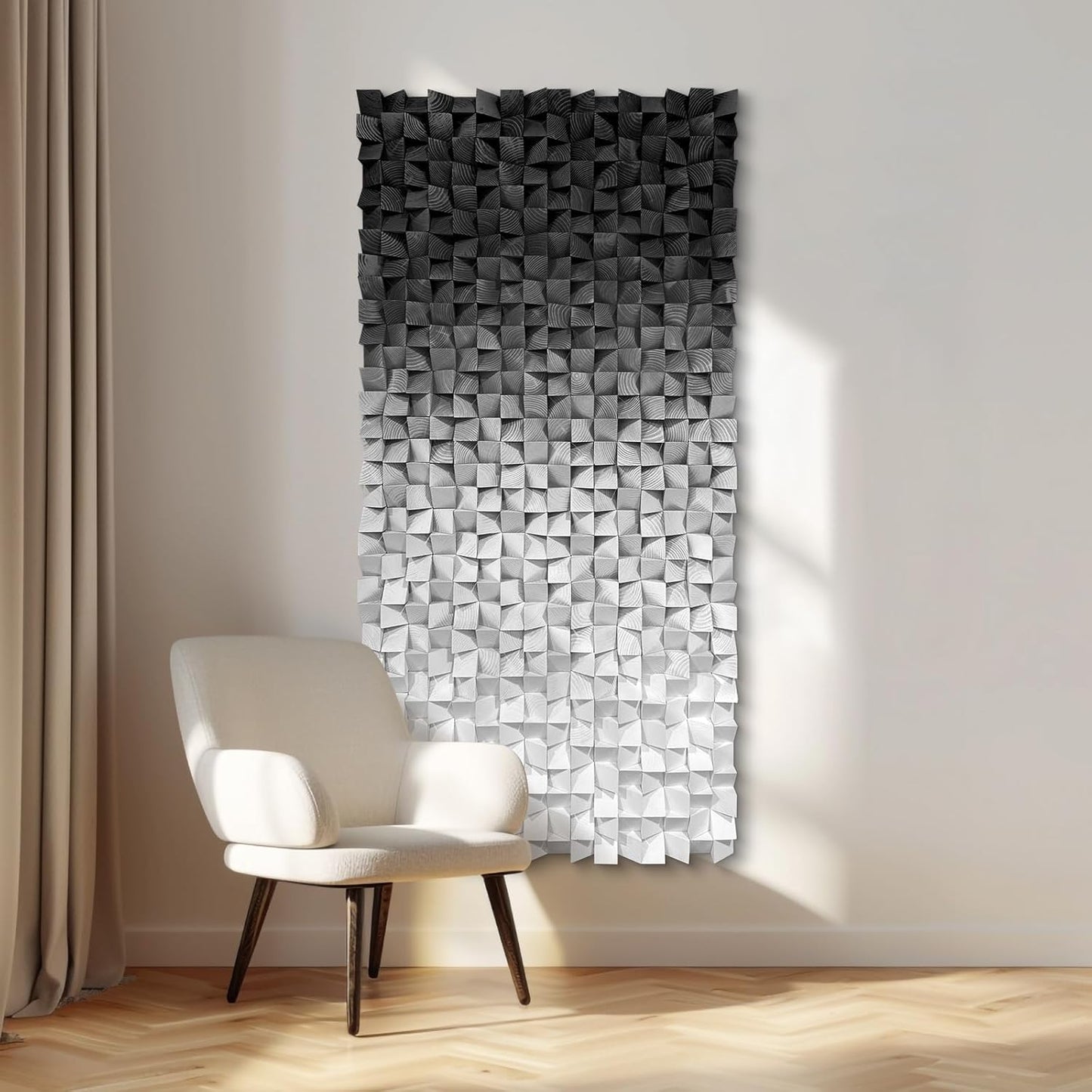 LIUZEYUE - Wooden Block Stereoscopic Painting Geometric Modeling Wall Decoration 3D Wooden Artwork Living Room Bedroom Background Wall Office Decoration Black and White Gradient 31.5 x 63 inches