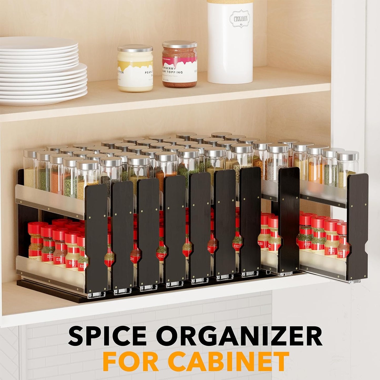 SpaceAid Bamboo Pull Out Spice Rack Organizer for Cabinet, Heavy Duty Slide Out Seasoning Kitchen Pantry Sliding Vertical Organization, 7.6" Wide, 3 Drawers(2" Wide), 2-Tier, Black