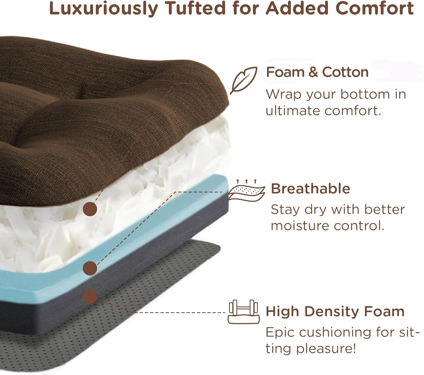 Codi 6 Pack Dining Chair Cushions, Thick Chairs Pads for Indoor Kitchen Room - Washable, Non-Slip Seat Cushion with Ties, 16.5"x16.5"x 3.5", Set of 6, Brown