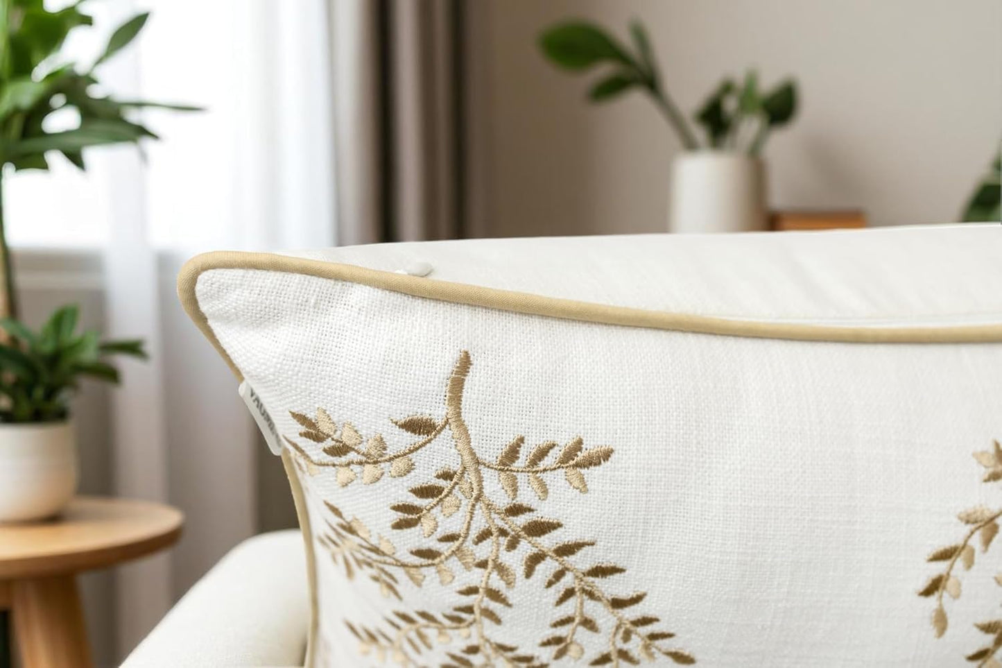 VAGMINE Embroidered Leaves Throw Pillow Cover - 20x20 Inches Square - 100% Cotton Ivory Cushion Cover - Delicate Leaf Stitchwork - Chic Home Accent for Sofa, Lounge, Rustic Farmhouse Décor