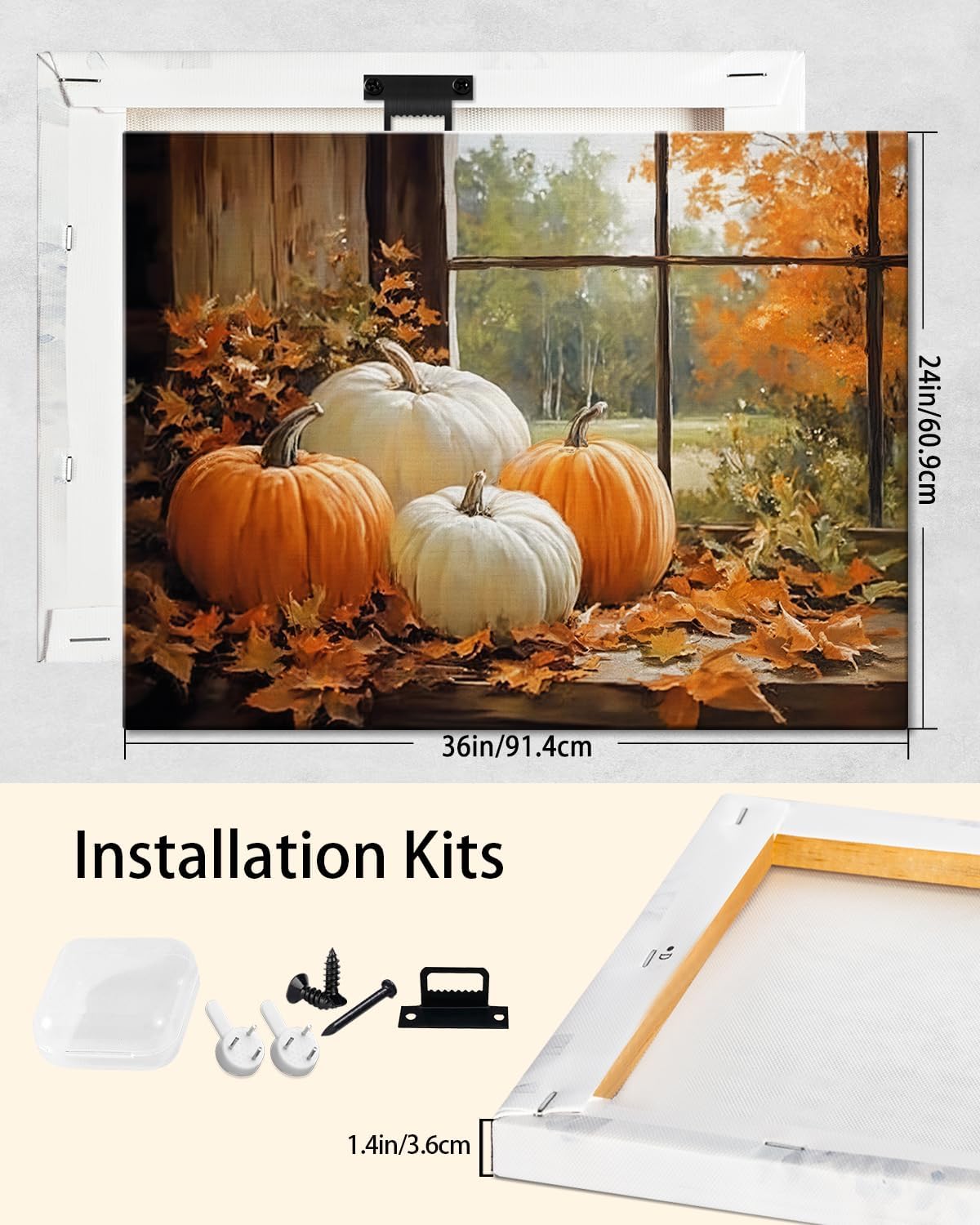 Vintage Pumpkin Window Fall Wall Art Decor, Farmhouse Barn Canvas Print with Autumn Harvest Theme, Framed Thanksgiving Decorations for Country Home, Ready to Hang