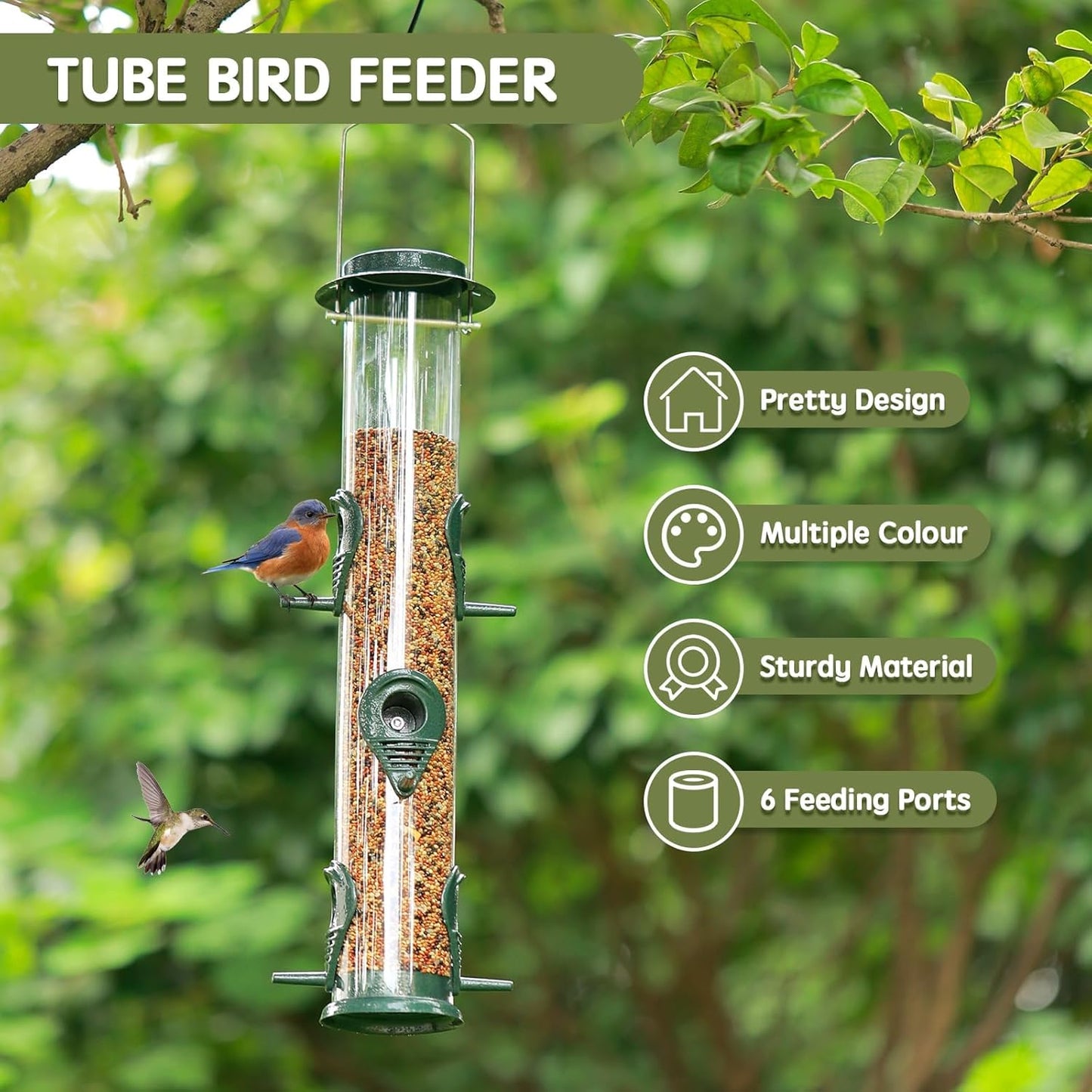 MIXXIDEA 2PK Metal Wild Bird Feeder Bird Feeders for Outdoors Hanging 6 Port Tube Bird Feeder Transparent Finch Feeder with Steel Hanger Green