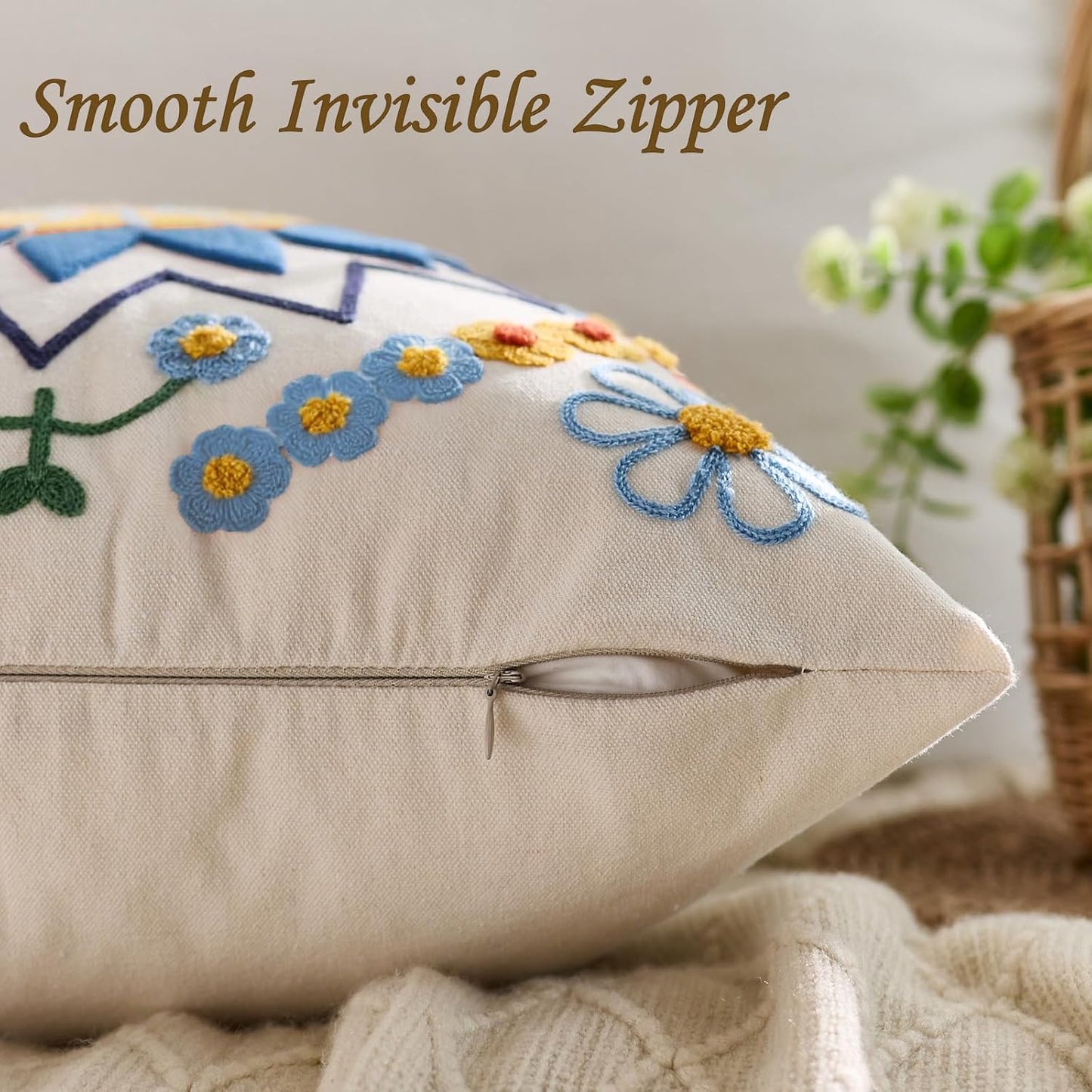 Embroidered Throw Pillow Cover 18x18 Classic Boho Floral Pattern Pillows Cover Outdoor Decorative Pillowcase,Durable Cozy Textured Cushion Case for Sofa Couch Bed Living Room,Blue Orange