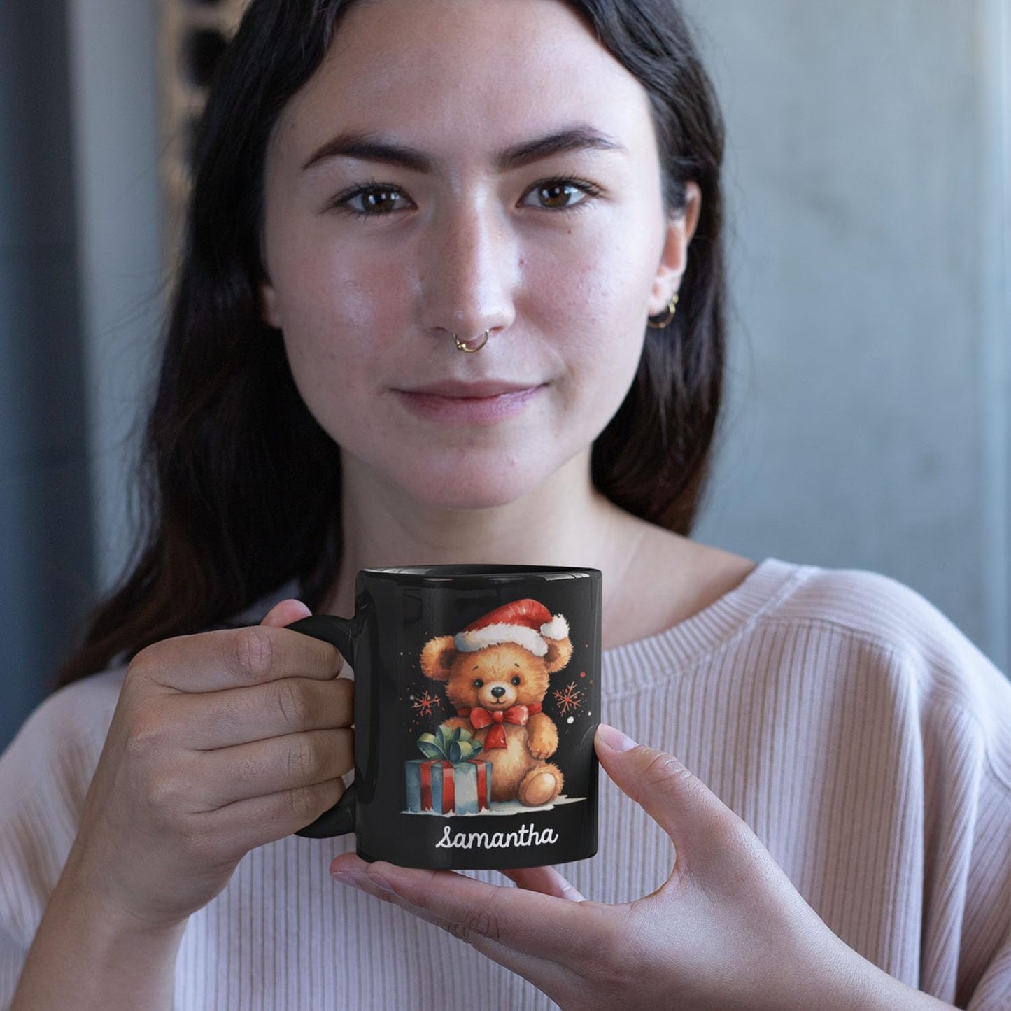 Custom Name Xmas Teddy Bear Cup, Personalized Christmas Teddy Bear Mug, Black Mug With Santa Hat Design - 11oz & 15oz, Gift For Men & Women