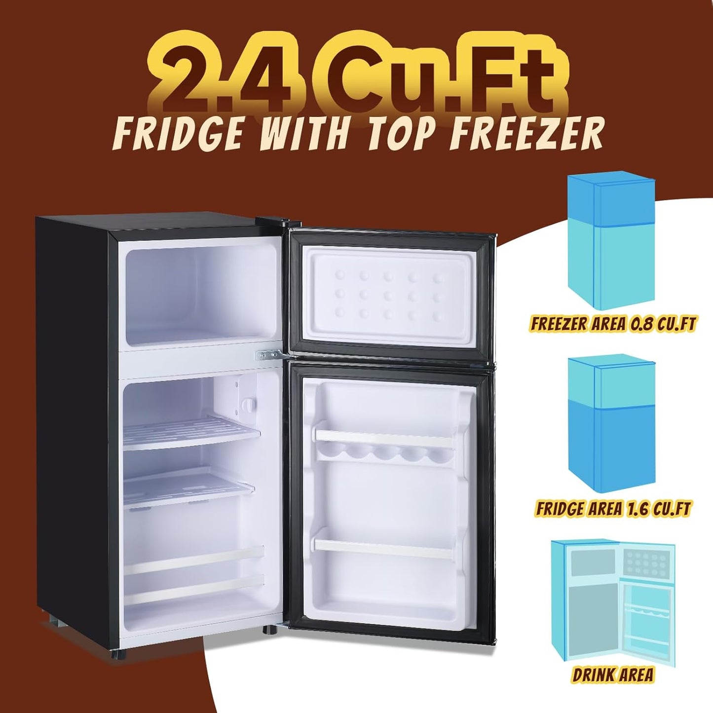 Mini Fridge with Freezer Small Refrigerator Double Door Dorm Fridge for Single Removable Shelves for Bedroom, Office, Dorm Black