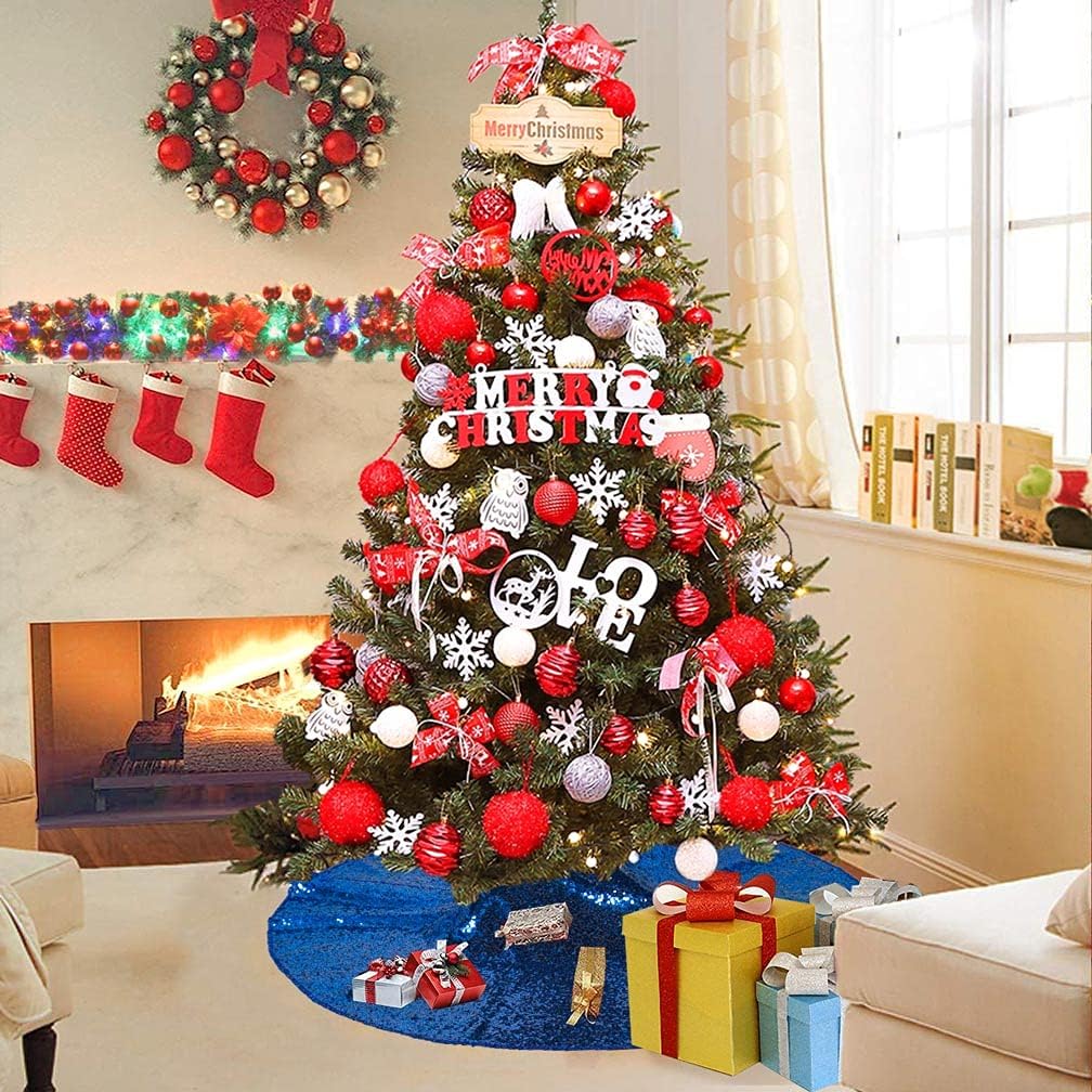 Partisout Sequin Christmas Tree Skirt - Glitter Cotton Colorful Skirt for Halloween (48 in, Royal Blue)