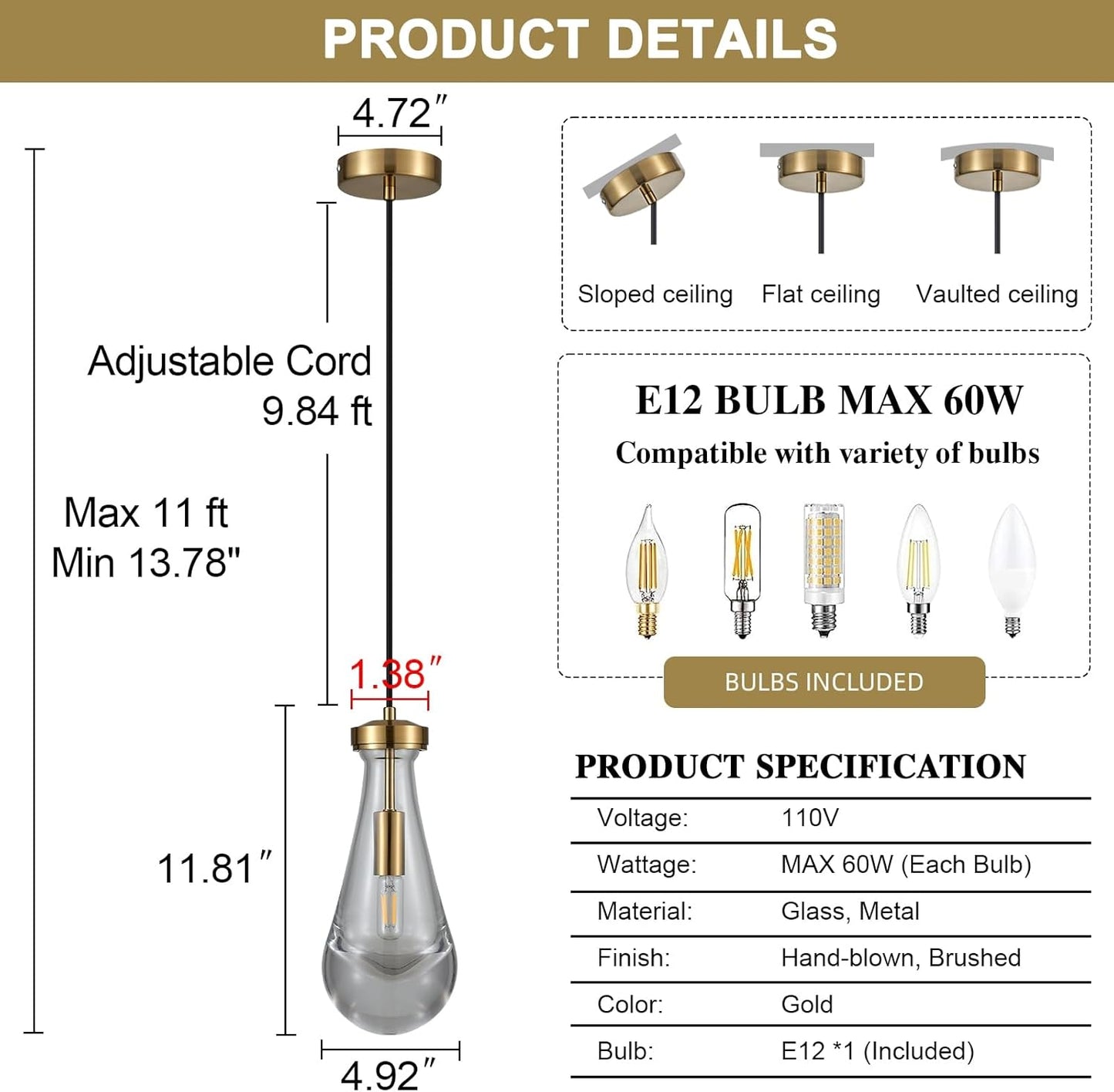 Raindrop Pendant Light Fixtures Set of 3, Brass Glass Pendant Lighting, Teardrops Modern Hanging Light for Entryway Foyer Kitchen Island Dining Living Room Hallway