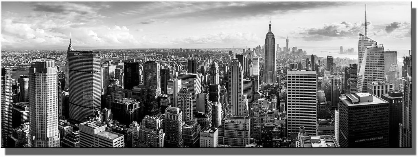LevvArts New York Canvas Wall Art Black and White City Skyline Picture Panoramic Photo Canvas Print Modern Home Office Living Room Wall Decoration Ready to Hang 20"x55"