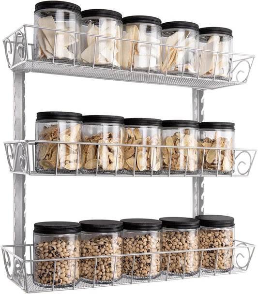 SWOMMOLY Adjustable Wall Mount Spice Rack, 3-Tier Dual-use (Multi-use) Organizer, Silver