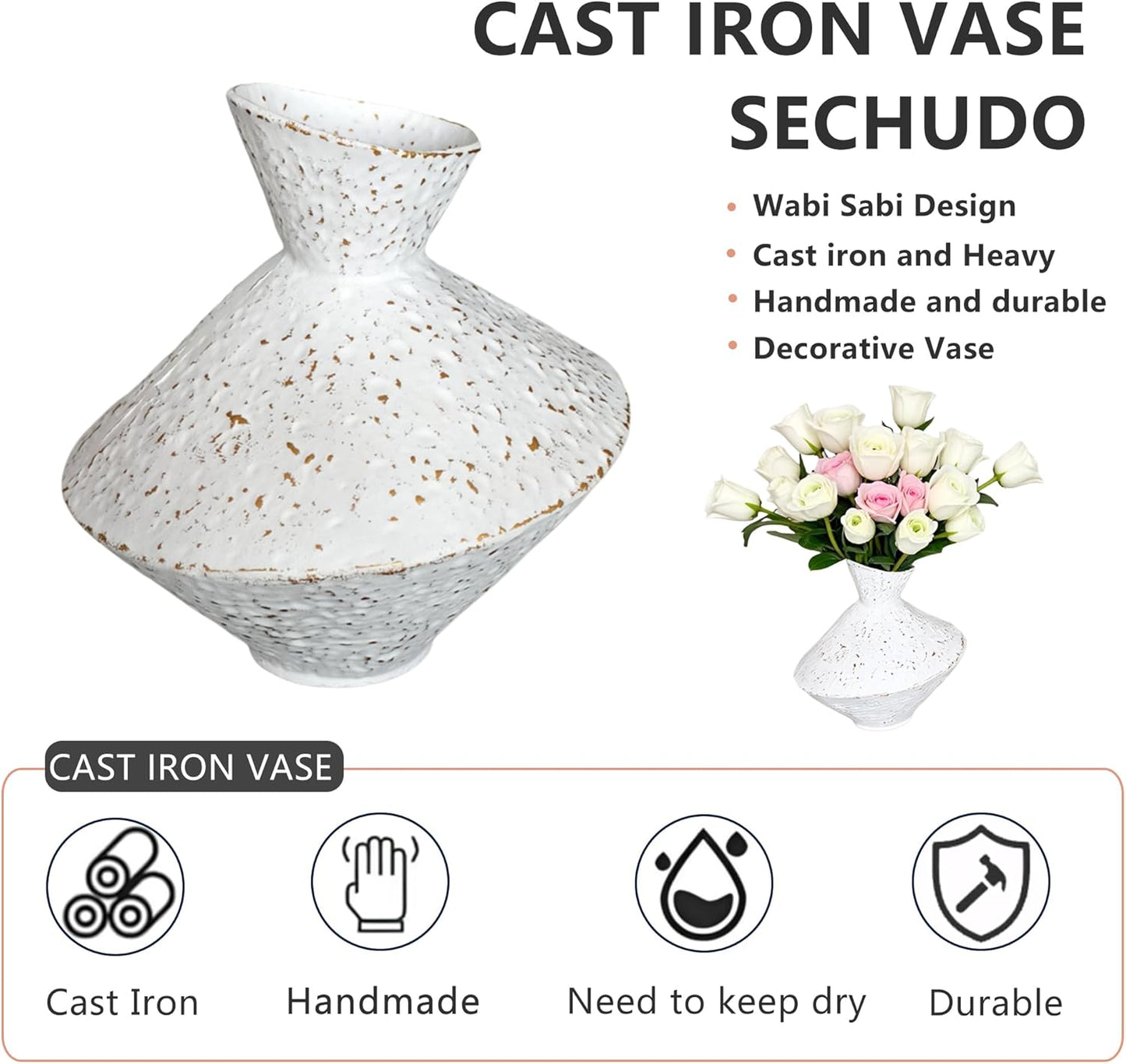 Cast Iron Decorative Vase, Dried Flower Rustic Vases, Wabi Sabi Vase for Modern Home Decor, Living Room, Shelf Decor, Enterway, Wedding, Office, Table, Bedroom, Kitchen, 8.86" H (White)
