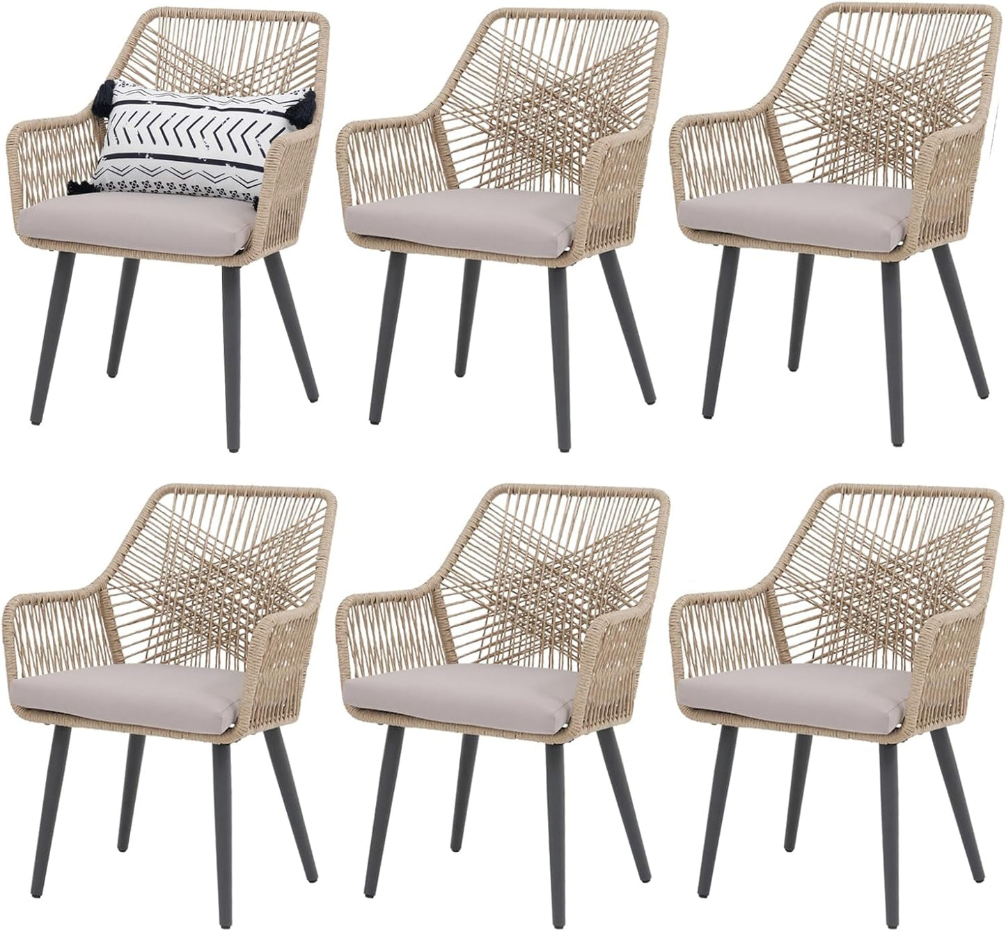 Patiorama Patio Dining Chair Set of 6, Woven Rope Outdoor Dining Chair w/Steel Frame, All-Weather Twisted Rattan Chairs w/Armrest & Cushion, Outdoor Dining Wicker Chairs for Backyard Garden(Beige)