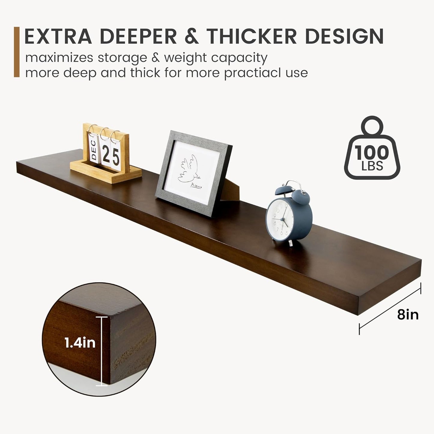 48 Inch Fireplace Mantel - 8 Inch Deep Rustic Premium Solid Pine Wood Floating Shelf - Farmhouse Wall Mounted Display Shelf - Heavy-Duty Metal Bracket - 48"W x 8"D - Set of 1 - American Walnut Color