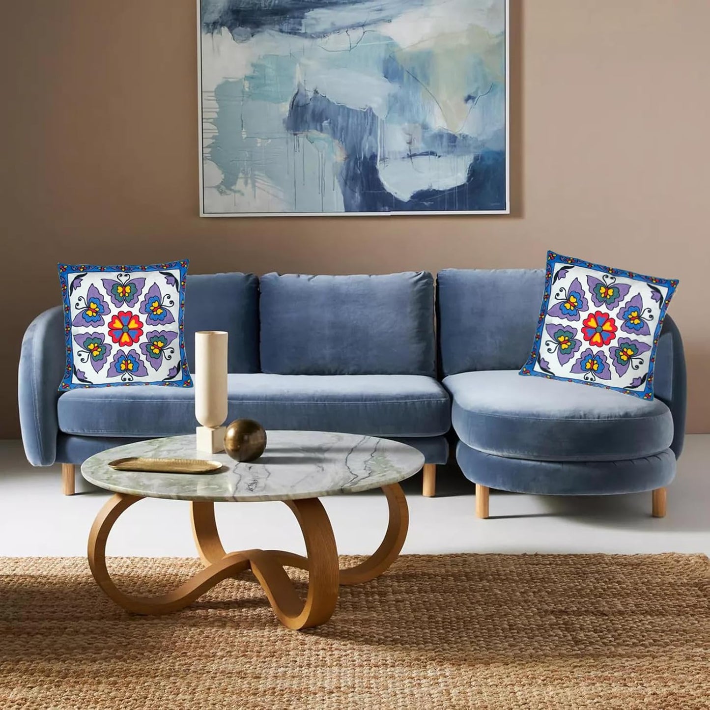 Embroidered Decorative Throw Pillow Cover, 18"x18" Set of 2, Farmhouse Pillowcase Purple Butterfly Knit Pattern Cotton Canvas Cushion Case Square Floral Pillow Case for Sofa Couch Bed Living Room