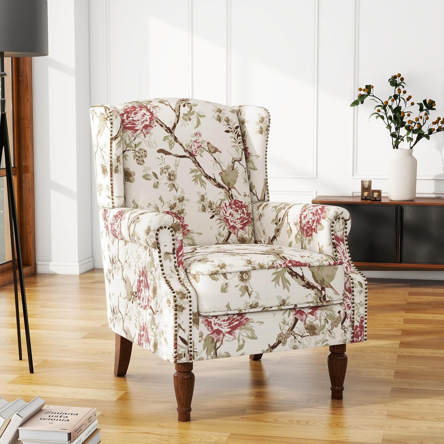 UIXE High Back Accent Chairs Set of 2, Fabric Upholstered Armchair for Living Room, Retro Printed Wingback Arm Chair Rivet Trimed Single Sofa Bedroom Reading Seat - Beige Floral