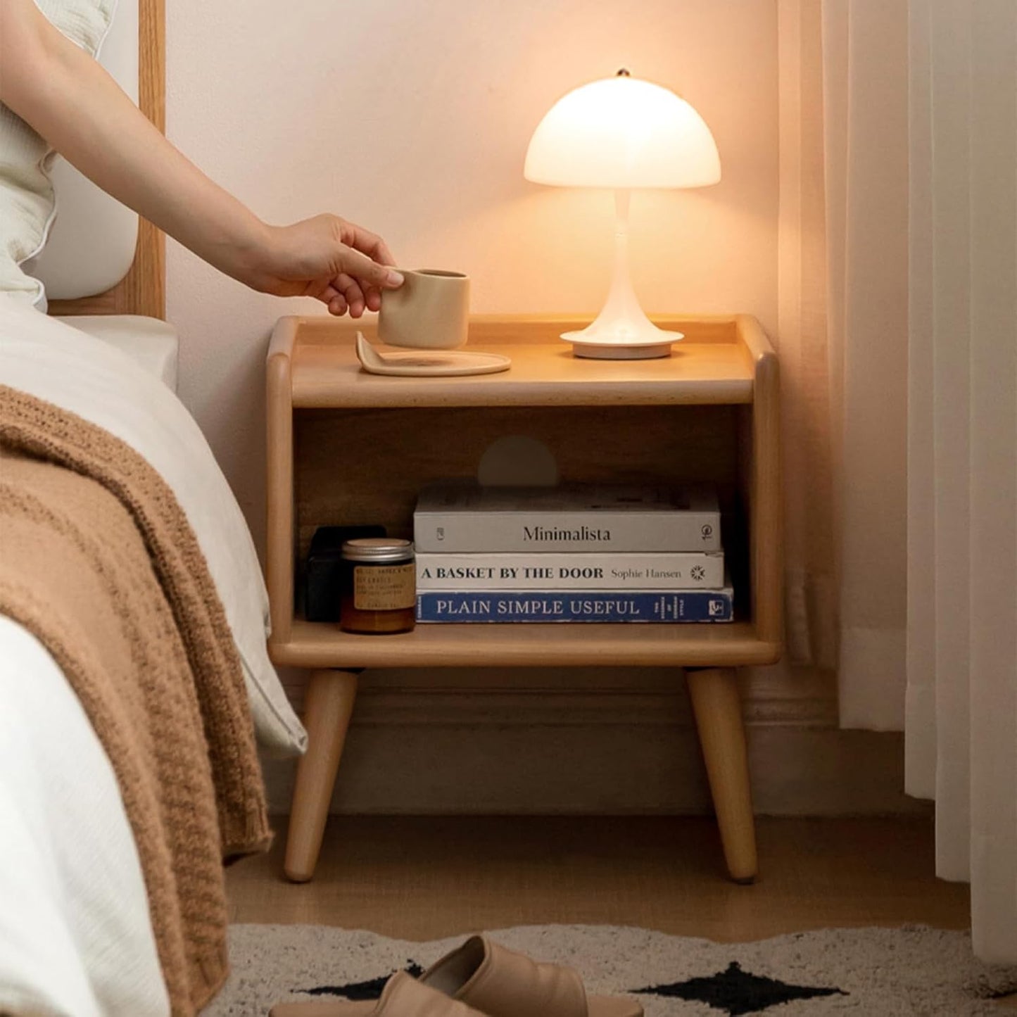 Small Nightstand, 100% Solid Oak Wood Bedside Table, Mid Century Modern Nightstand with Open Storage,Storage Cabinet for Bedroom (2pc Natural Color)