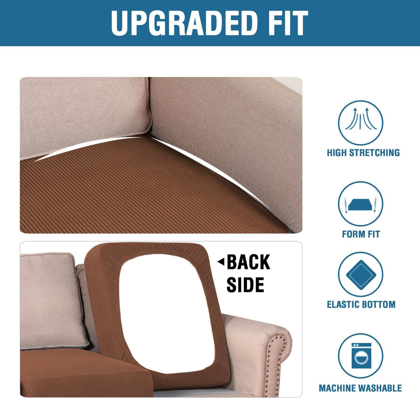 H.VERSAILTEX Super Stretch Individual Seat Cushion Covers - Sofa & Couch Cushion Slipcover Sets - Thick Jacquard Textured Twill Fabric (3 Piece, Caramel)