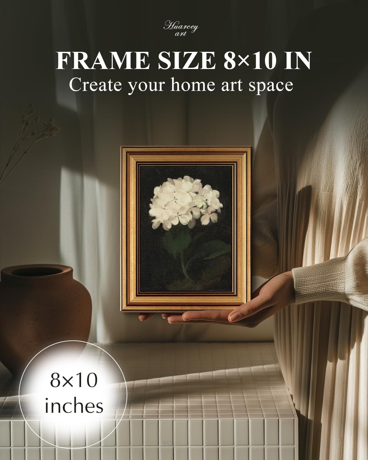 HUARCEY Gold Framed Vintage Wall Art for Living Room, Flowers Painting Canvas Prints Shelf Decor for Kitchen, Aesthetic Bedroom Wall Art, Christmas Gifts for Friends or Family (White Hydrangea 8"x10")