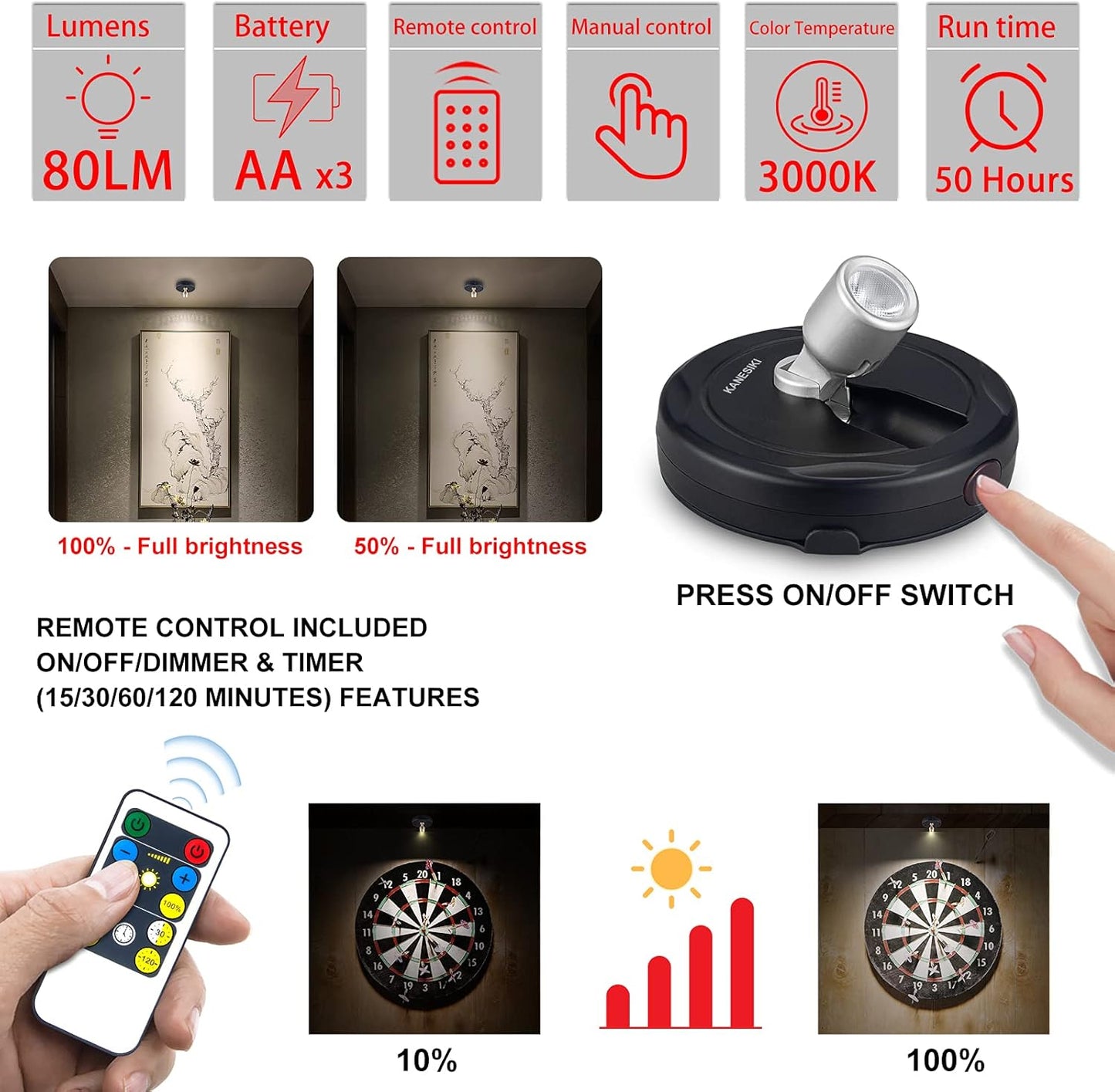 Wireless Spotlight Battery Operated, LED Picture Lights, Stick on Uplighting for Indoor Plant Tree Painting Artwork Portrait Photo Art, Dimmable Accent Puck Light with Remote, 2 Pack