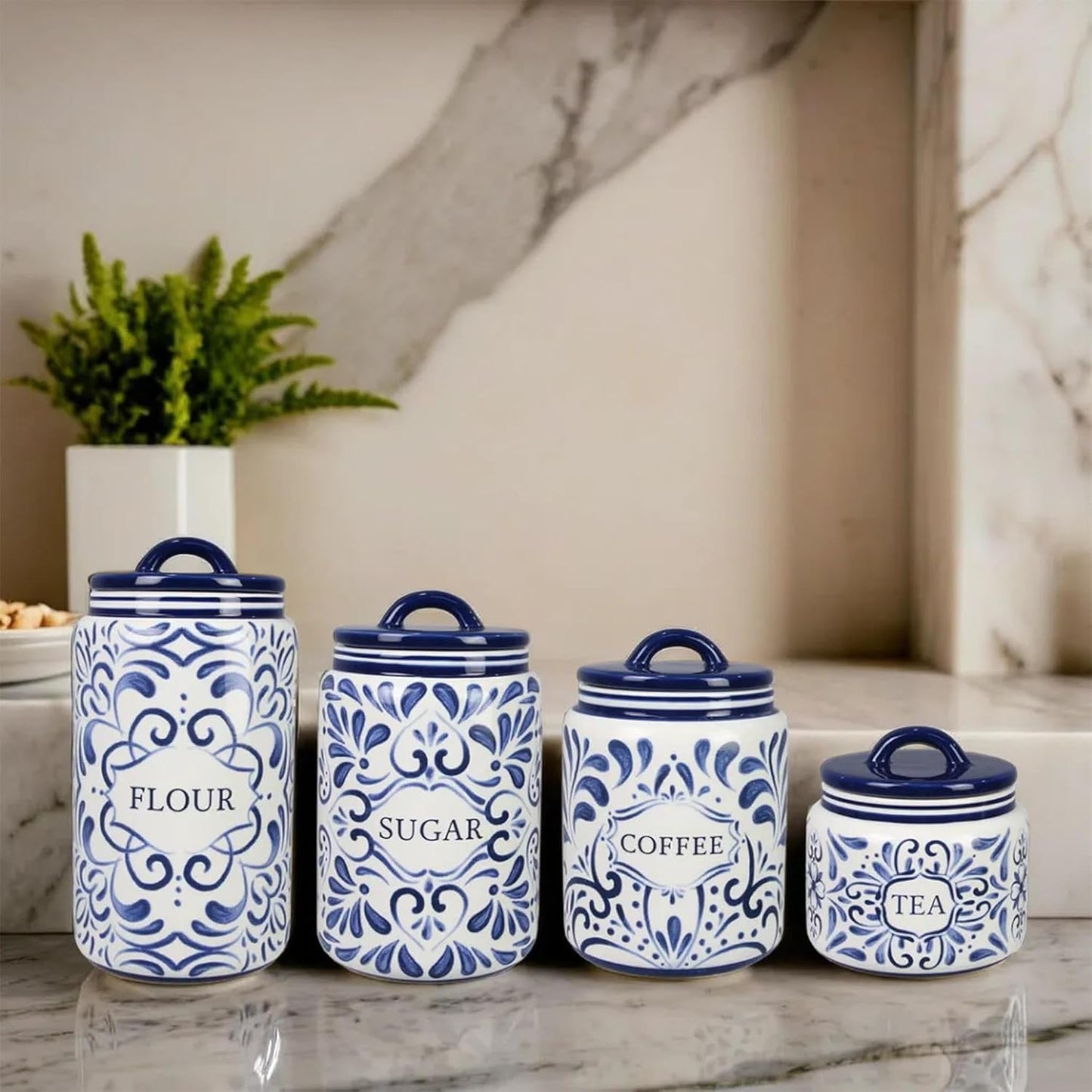 Young's Inc. 4 Pcs Set Talavera Ceramic Canisters- Storage Container for Kitchen and Bathroom - Beautiful Home Decor Accent to Store Food, Coffee, Tea, and More - White, Blue