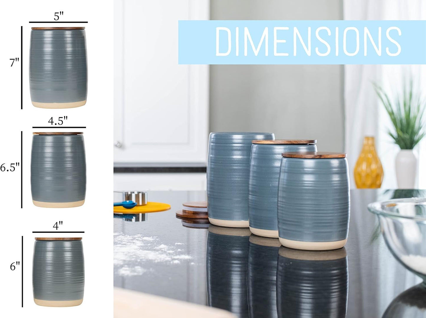 Nat & Jules Lidded Grey 6 inch Ceramic and Wood Kitchen Canisters Set of 3