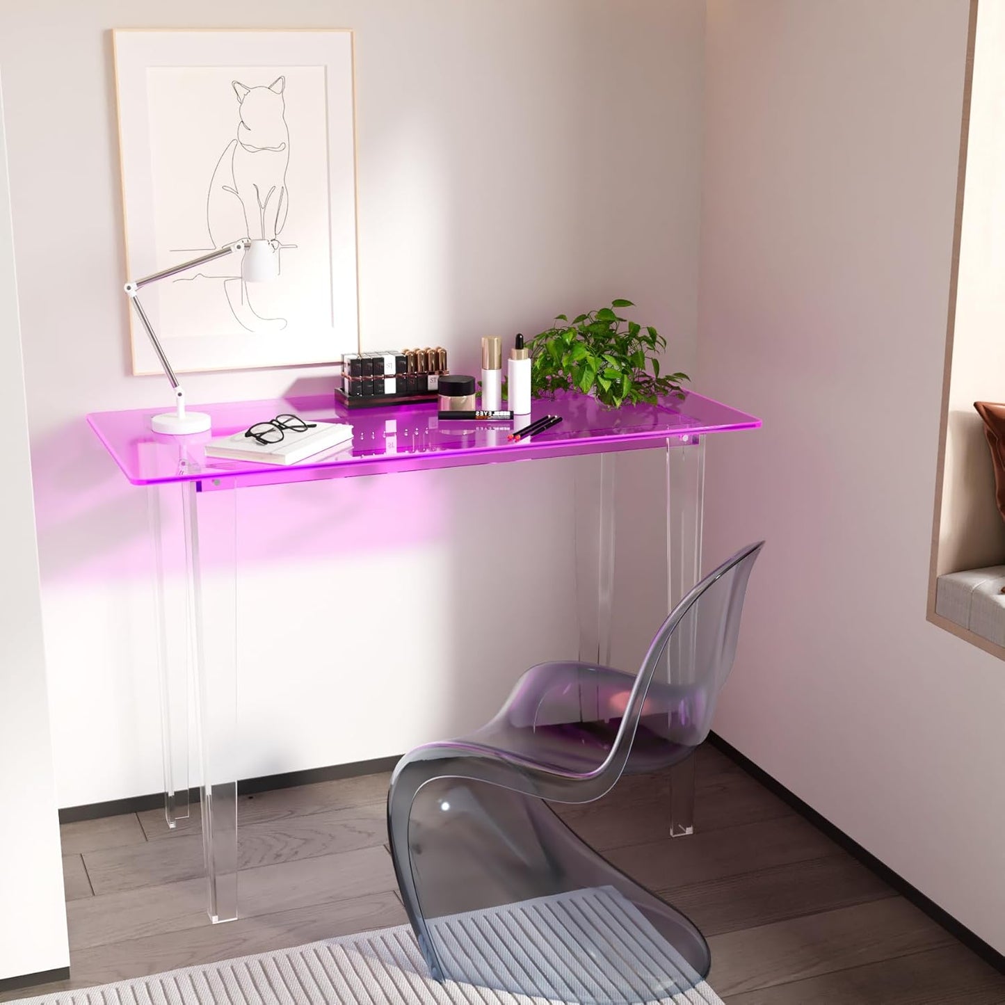 Acrylic Desk, Modern Study Table for HomeOffice-Extended Surface Multi-Purpose Console & EntrywayTable, Sturdy Lightweight Design（(42.5-inch, Pink)