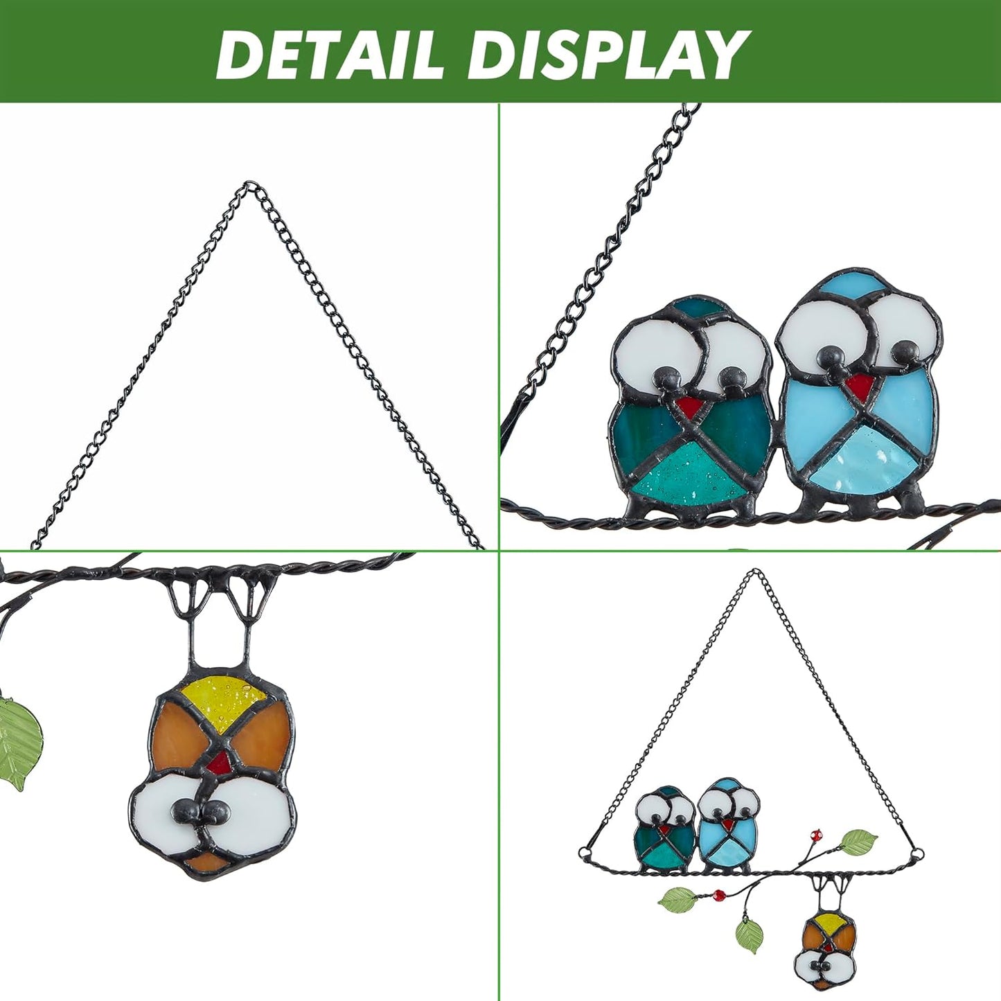 Stained Glass Birds,owl,Stained Glass Window Hanging,Multicolor Owls on The Living Tree with Green Leaf and red Berries,Bird suncatcher for Windows Room Home,Bird Deco,Gift for Mom,and Bird Lovers.