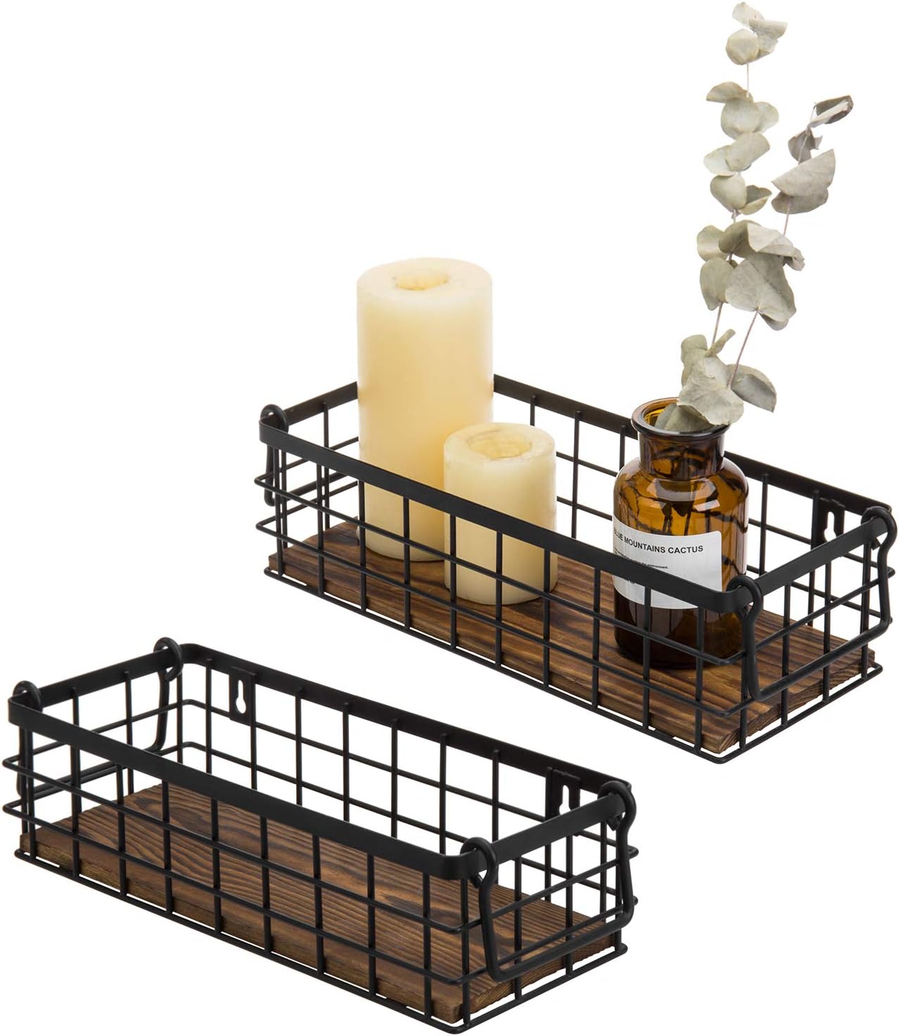 MyGift Set of 2 Wire Baskets for Pantry, Wall Mounted or Tabletop Black Metal Baskets for Organizing with Burnt Wood Base and Handles