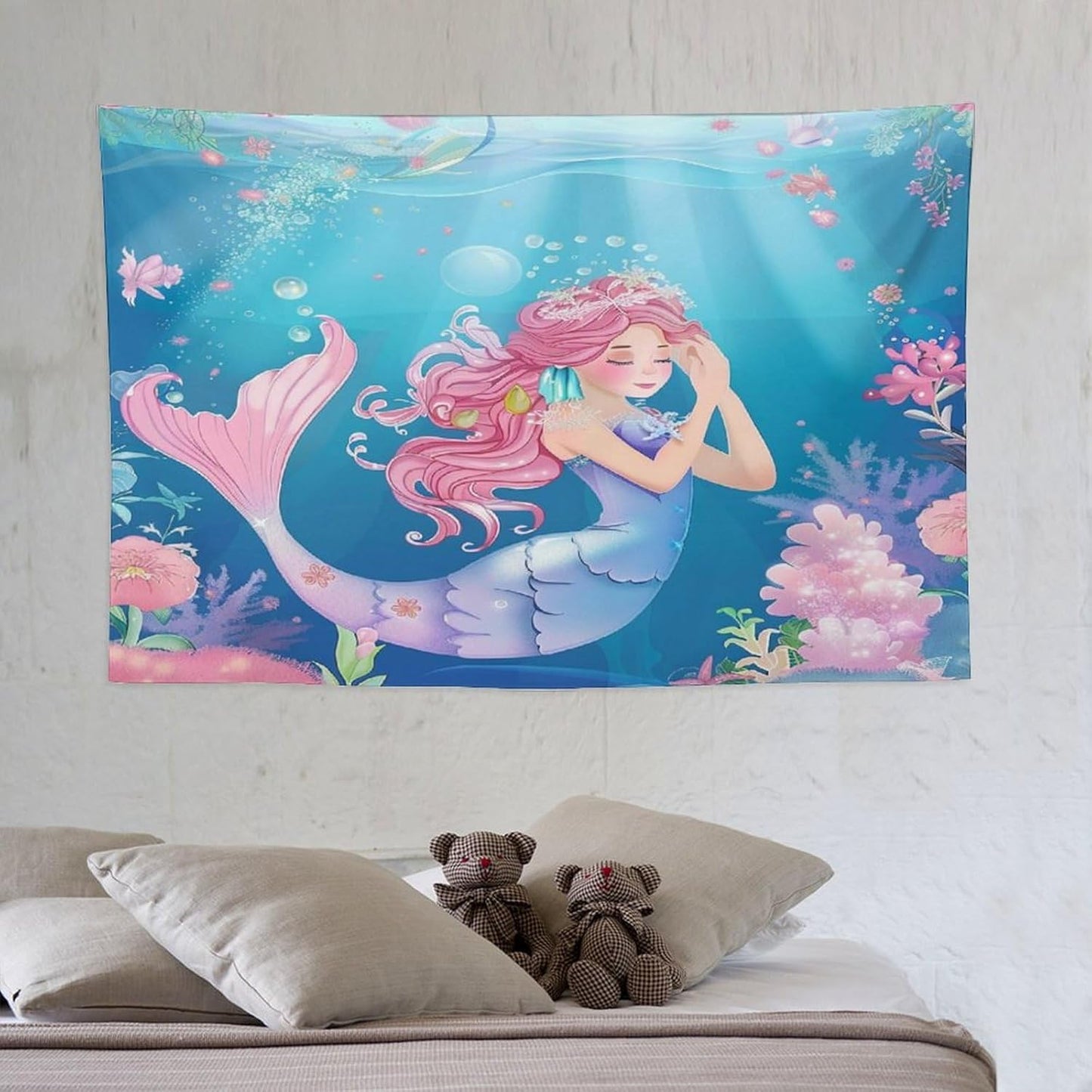 HZOHNAGO Mermaid Girls Tapestry Watercolor Flowers Mermaid Princess Blessing Pattern for Kids Room Decoration Printed Wall Tapestry Wall Hanging for Bedroom Living Room Dorm 60" W x 40" H
