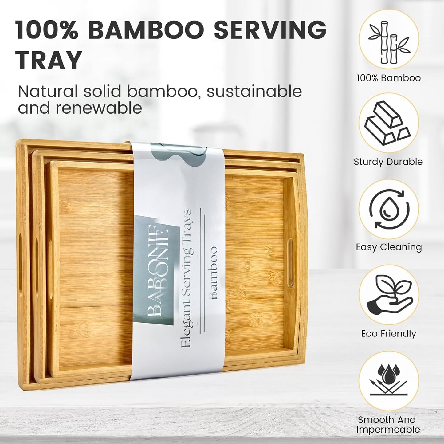Bamboo Serving Tray with Handles Set of 3 - Decorative Wooden Trays for Eating, Working, and Storing, Suitable for Use in Bedroom, Living Room, Kitchen, Bathroom, Outdoor Scenarios and More