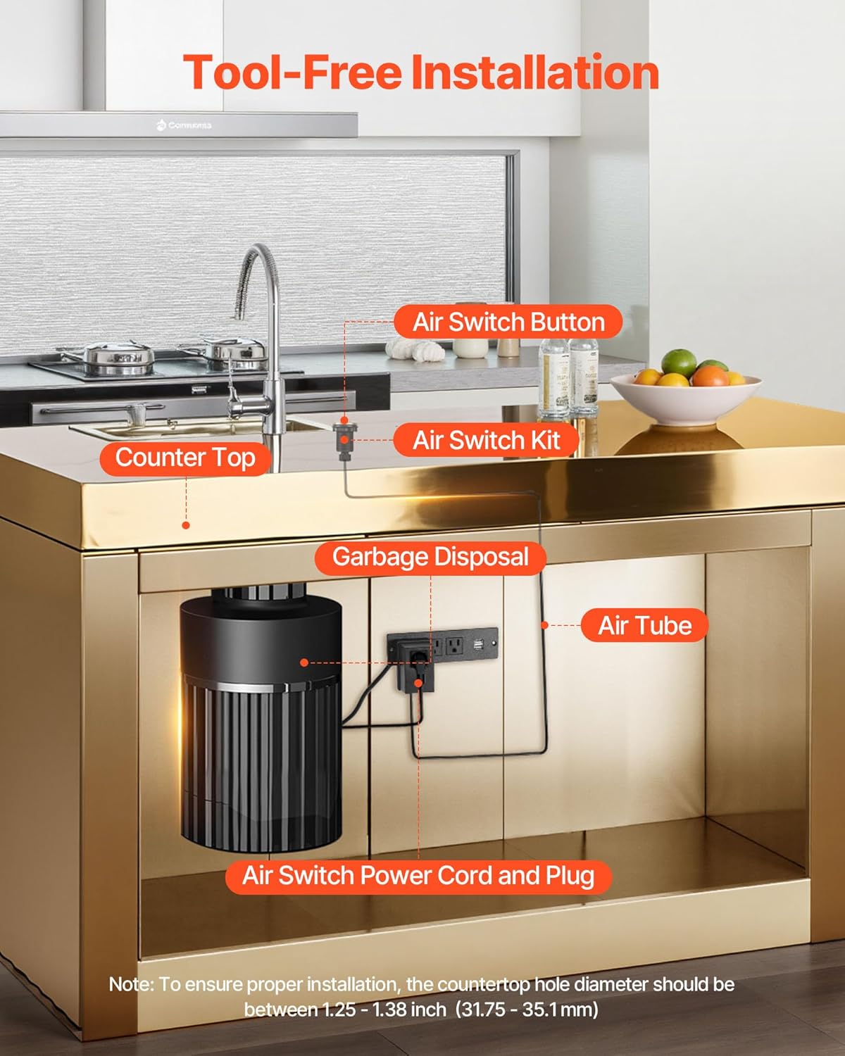 VEVOR Garbage Disposal Air Switch Kit, 2.5" Sink Top Air Switch for Food Waste Disposal, Brushed Gold Stainless Steel ON/OFF Air Button for Waste Disposer - Suitable for Stainless Steel Countertops