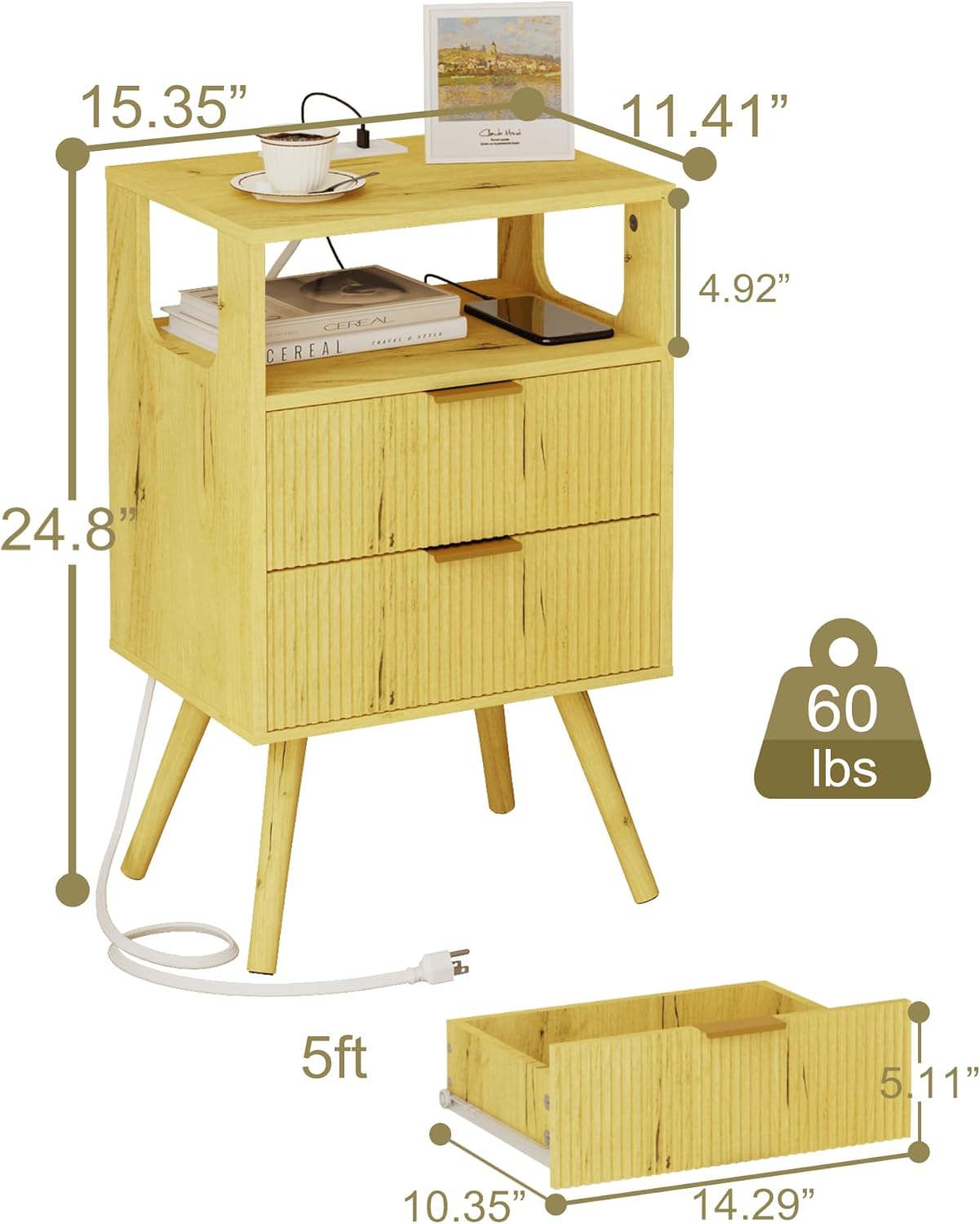 Nightstand with Charging Station and LED Lights,Modern Bedside Table with 2 Storage Drawer and Open Wood Shelf, for Bedroom and Small Spaces,Night Stand with Solid Wood Legs (Yellow Oak)