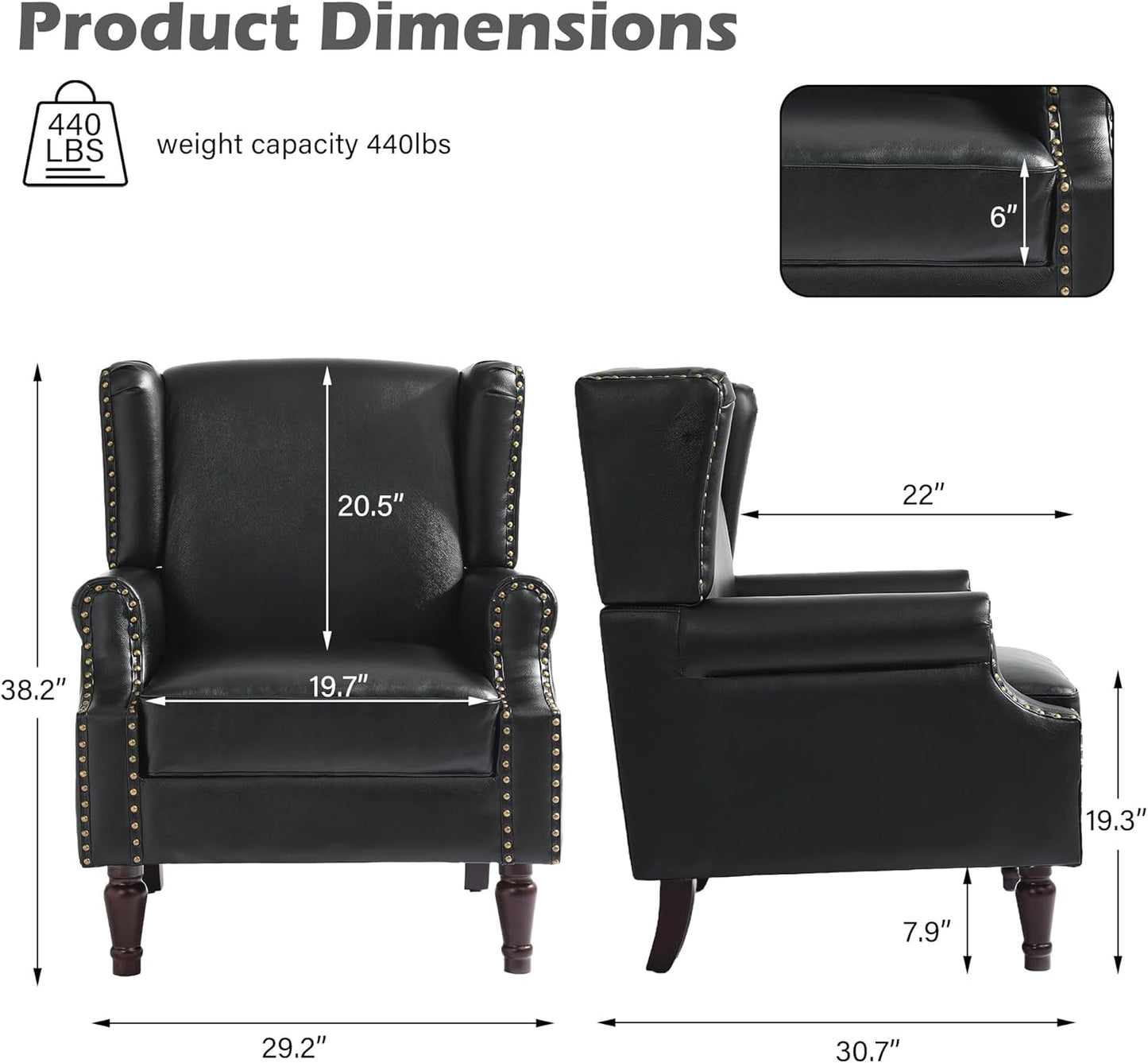 UIXE Faux Leather High Back Accent Chairs Set of 2, Upholstered Armchair for Living Room, Retro Wingback Arm Chair Nailhead Trim Single Sofa Bedroom Reading Seat with Solid Wood Legs - Black