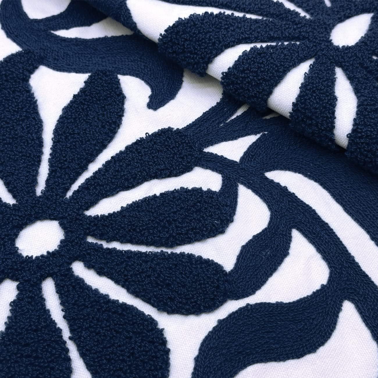 Alysheer Farmhouse Floral Leaves Embroidered Decorative Throw Pillow Cover 18x18 inches, Boho Tufted Flowers Embroidery Pattern Chic Cotton Cushion Case for Couch Bed Sofa Living Room(Navy Blue)
