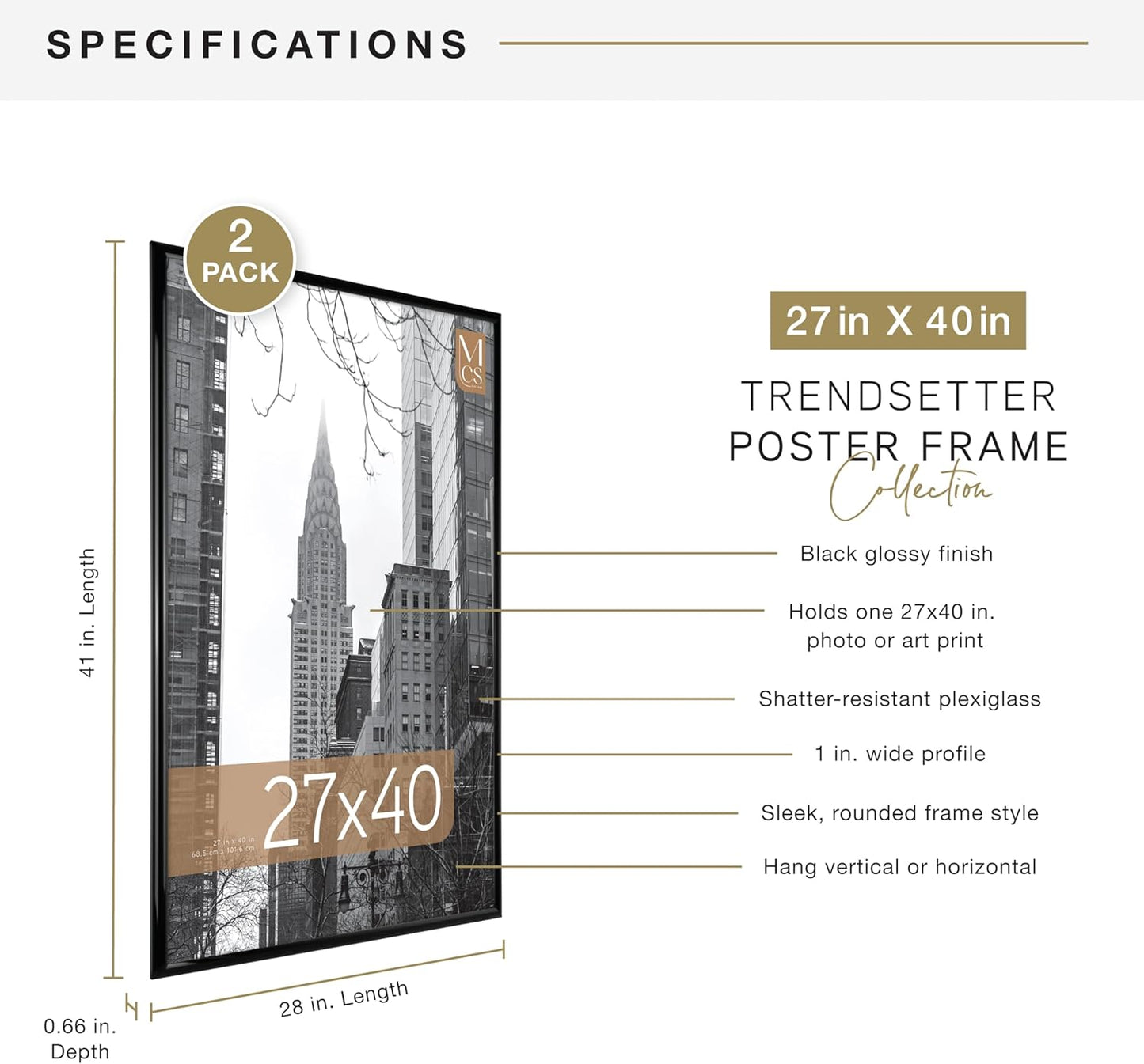 MCS Trendsetter Movie Poster Frame 27x40 Black High-Gloss, Vertical & Horizontal Wall Hanging Large Picture Frame for Photos, Artwork & Custom Posters (2-Pack)