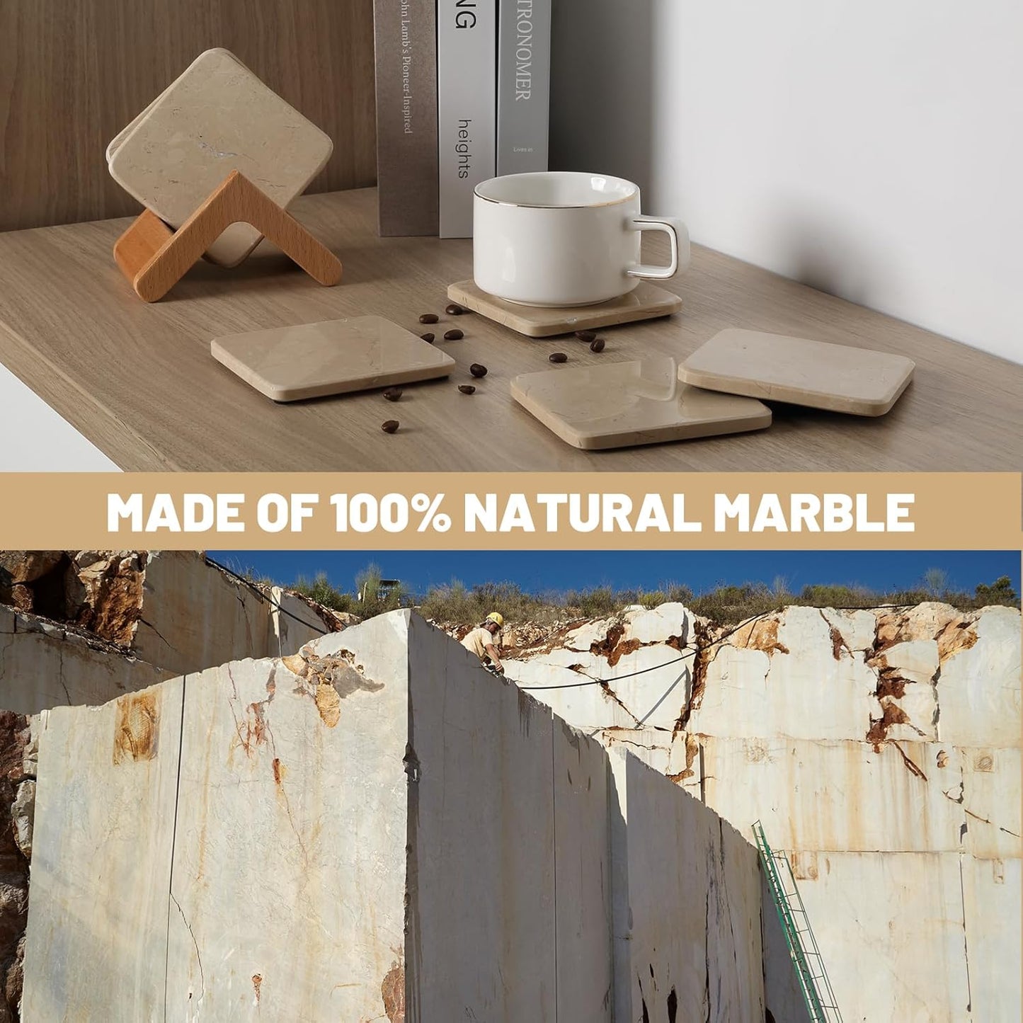 BCS Marble Coasters Set of 6 with Holder, Square Stone Drink Coasters for Coffee, Wine and Cocktails, Non-Slip Durable Cup Mats, Elegant Home, Bar & Kitchen Table Decor (Crema Beige)