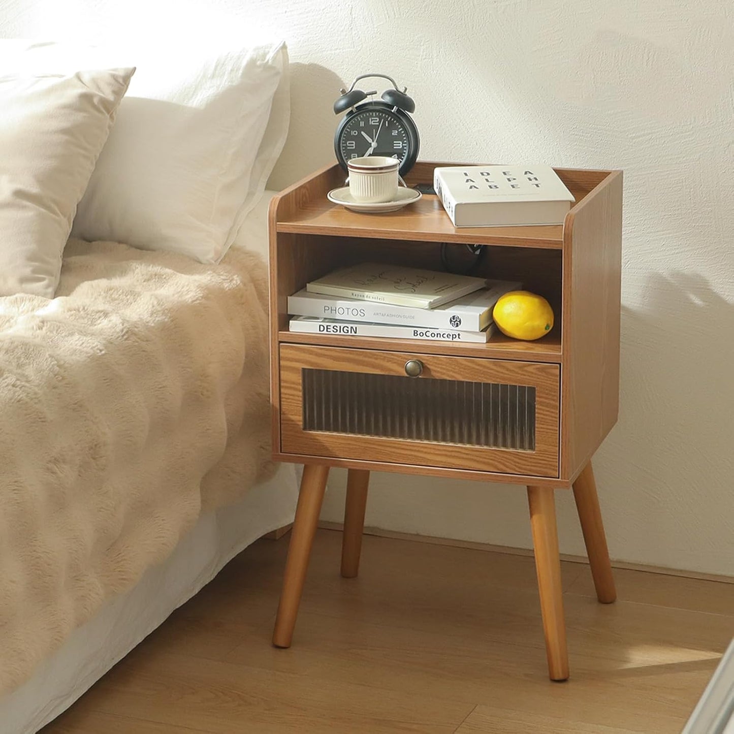 AWASEN Mid Century Nightstand with Charging Station, Modern Bedside Table with Glass Decorative Drawer, Small End Side Table with 2 Tiers Storage for Bedroom, Office and Small Space(Brown)