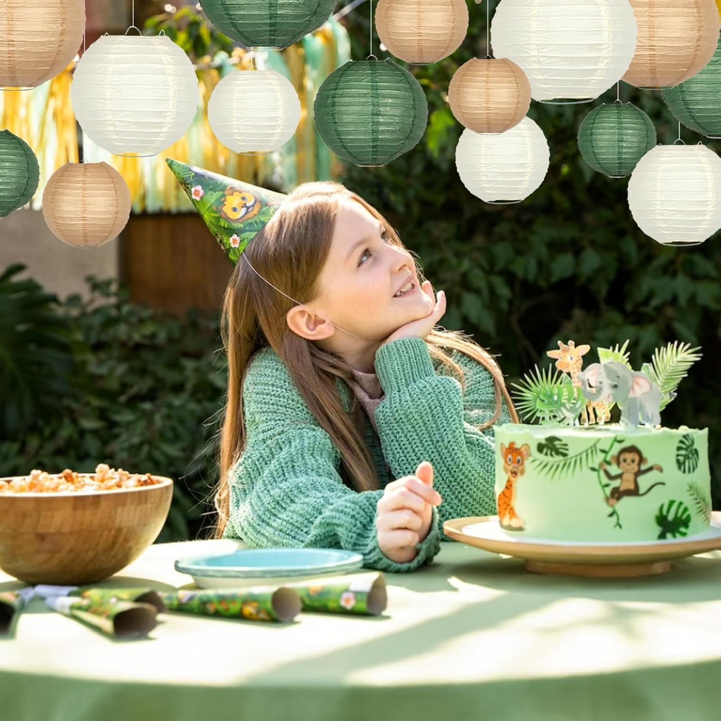 Green Round Chinese Paper Lanterns Decorative 15pcs Hanging Paper Lantern for Rustic Wedding Jungle Wonderland Themed Birthday Party Baby Shower