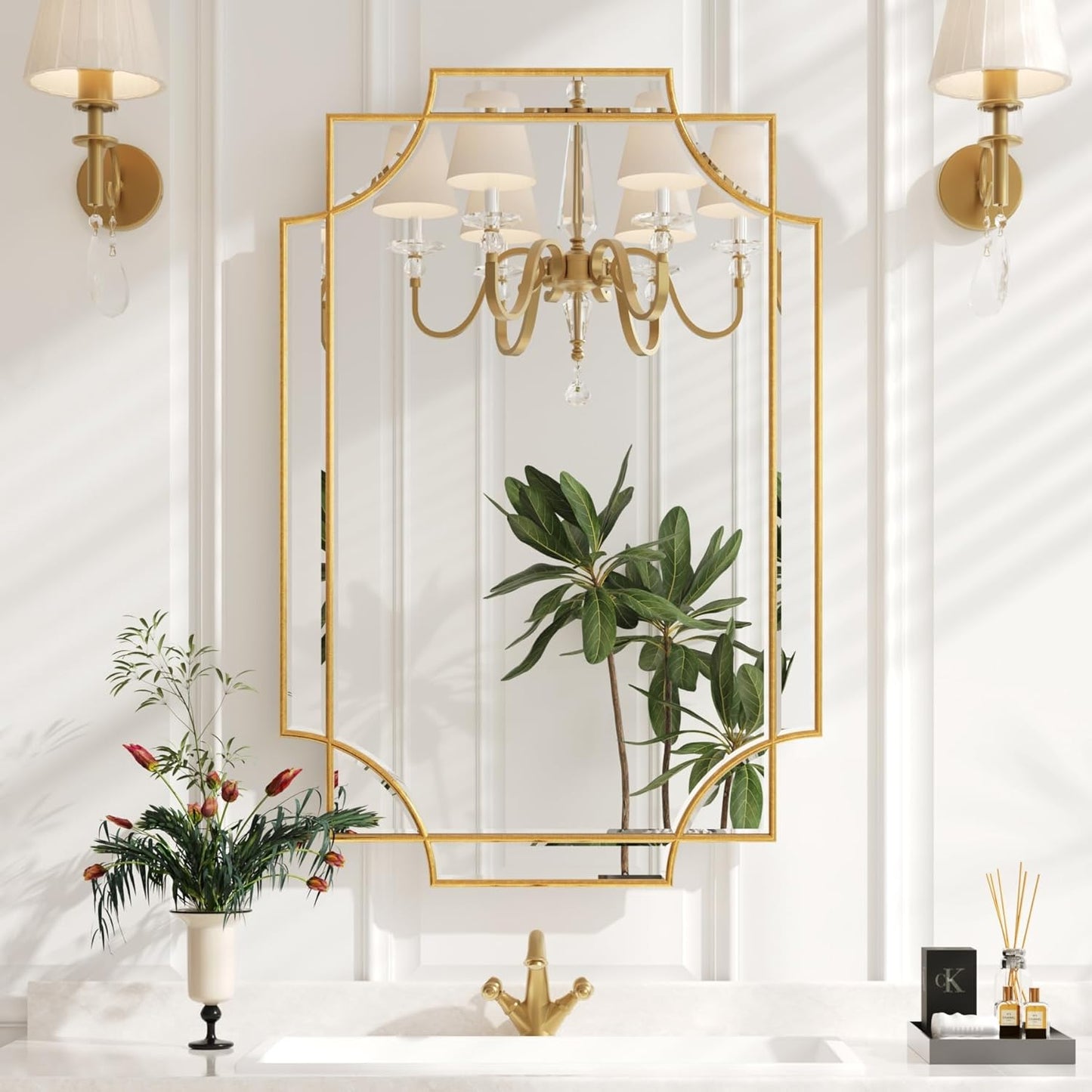 Kelly Miller Gold Bathroom Mirror for Wall, 24"x36" Large Decorative Mirror Gold Wall Mirror Vanity Mirror Beveled Wall Decor for Master Bath Half Bath Living Room Bedroom Fireplace Mantle Entryway