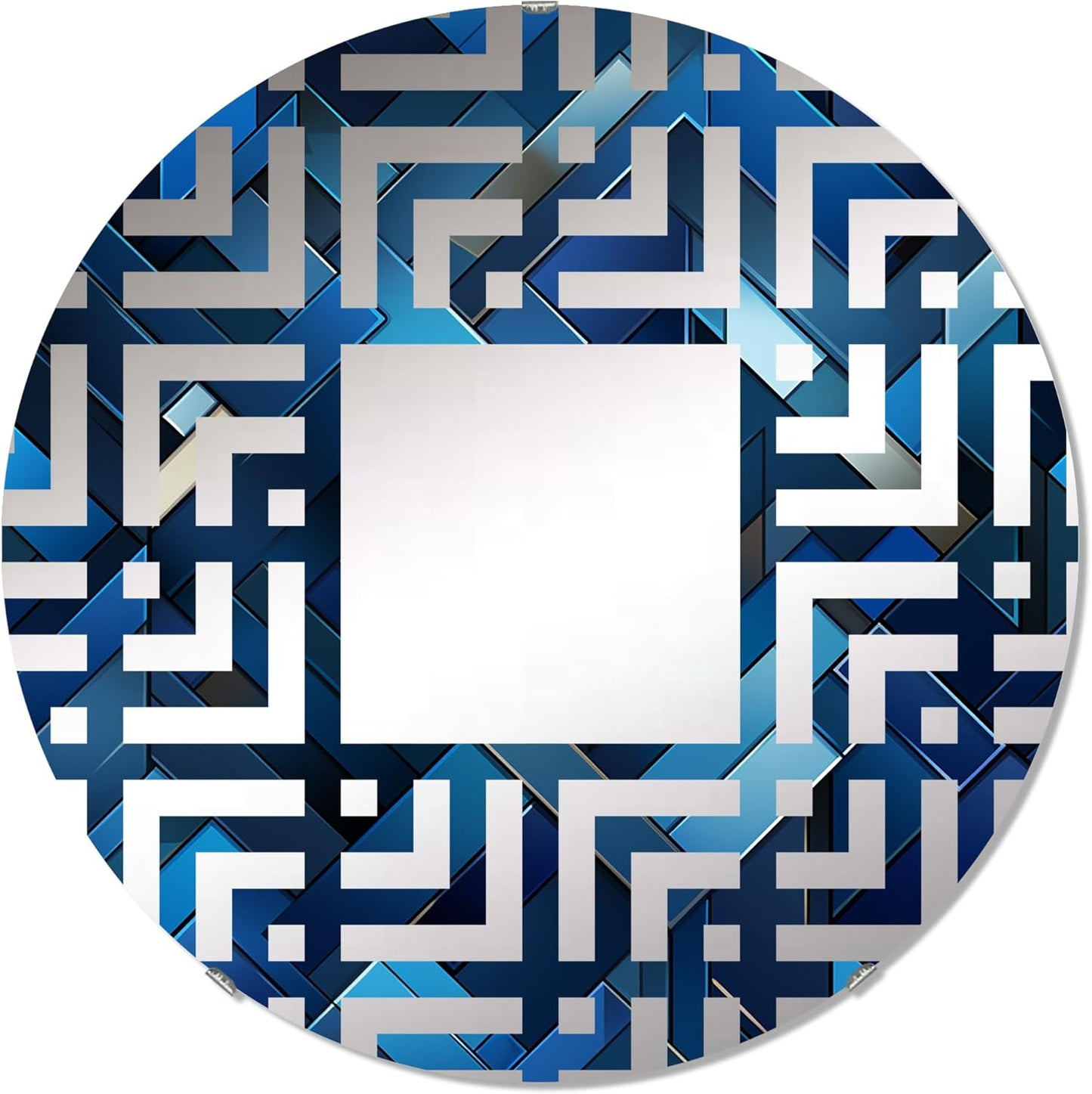 Symmetric Cubes in Deep Cobalt Blue - Geometric Maze - 24 Inches - Round Decorative Wall Mirror for Bathroom, Bedroom, Entryway, Living Room, Vanity Room and Modern Décor