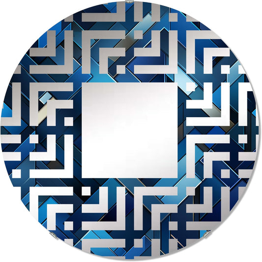 Symmetric Cubes in Deep Cobalt Blue - Geometric Maze - 24 Inches - Round Decorative Wall Mirror for Bathroom, Bedroom, Entryway, Living Room, Vanity Room and Modern Décor